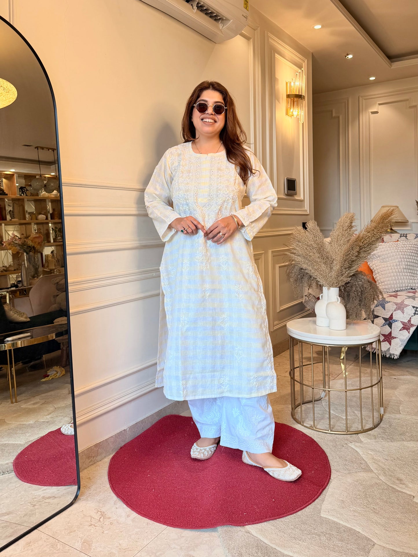 Hand Embroidered Chikankari Kurta Set - Kota Doriya Fabric | lemon Yellow