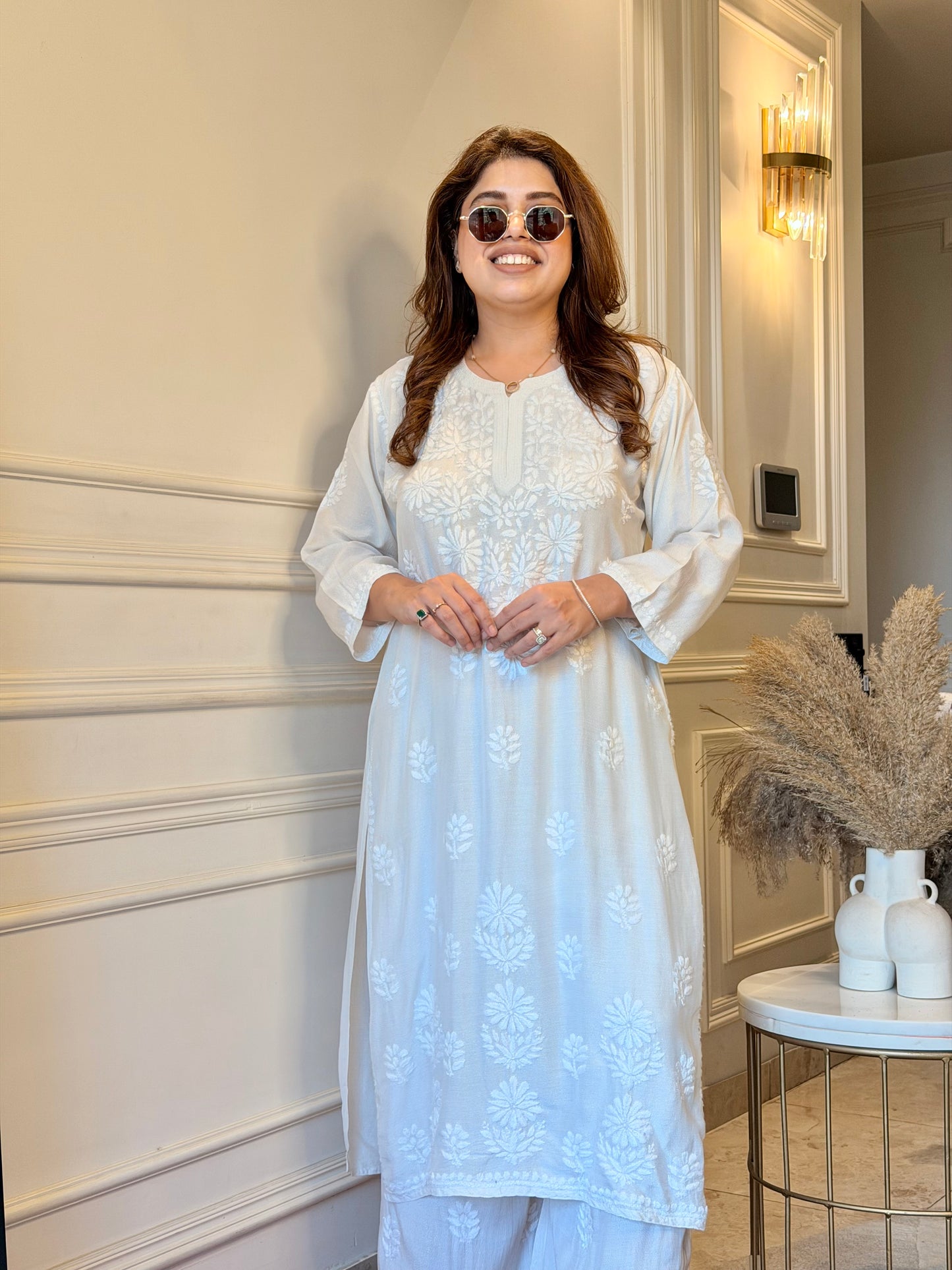 Hand Embroidered Chikankari Kurta set | Muslin | white with Shimmer Detailing