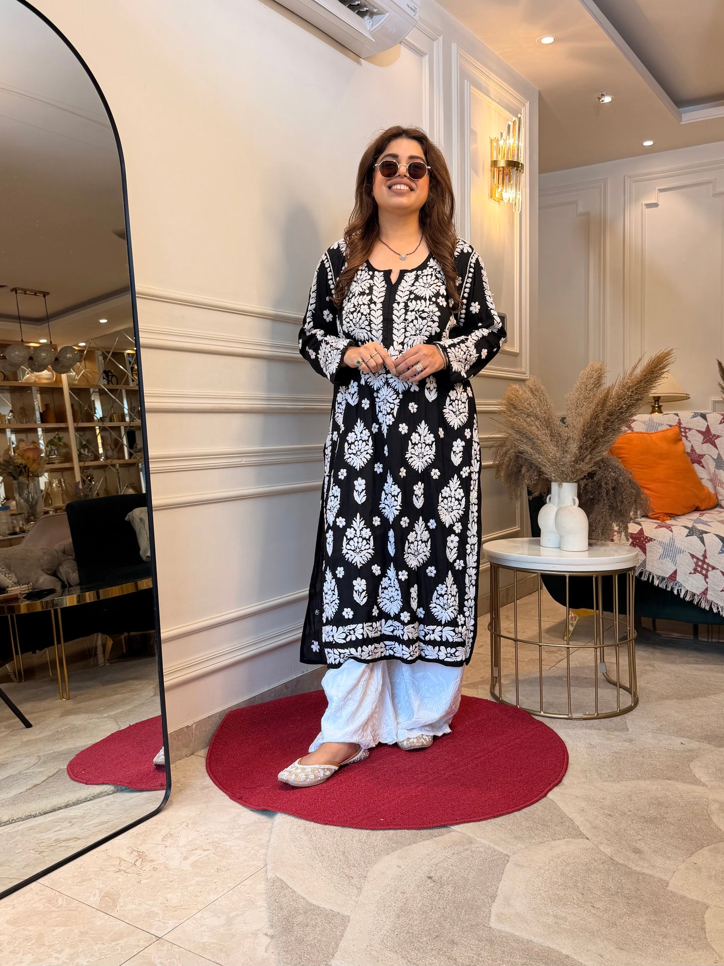 Hand Embroidered 6D Chikankari Kurta | Modal | Black with White Chikankari