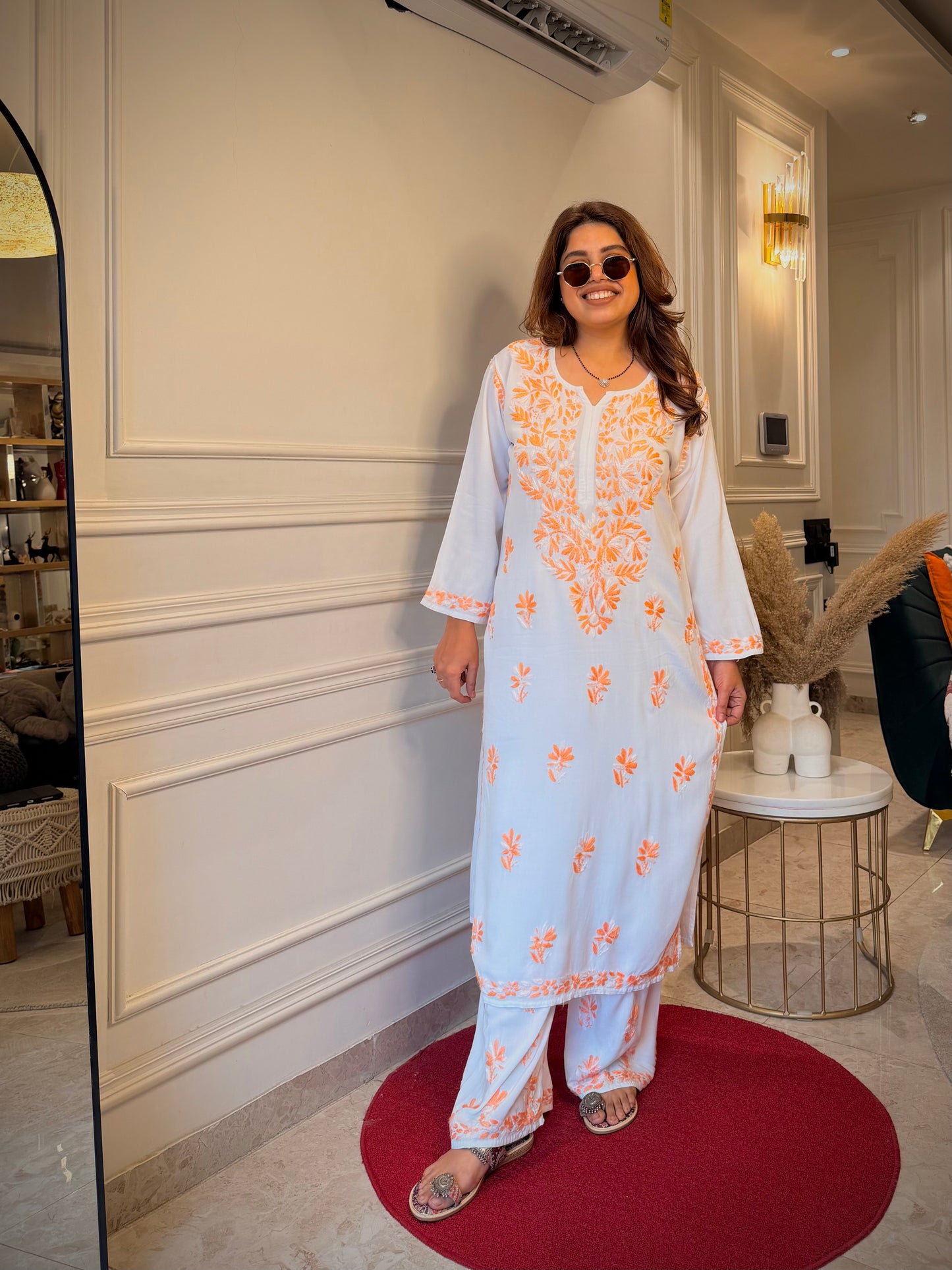 Hand Embroidered Chikankari Kurta Set - white with orange