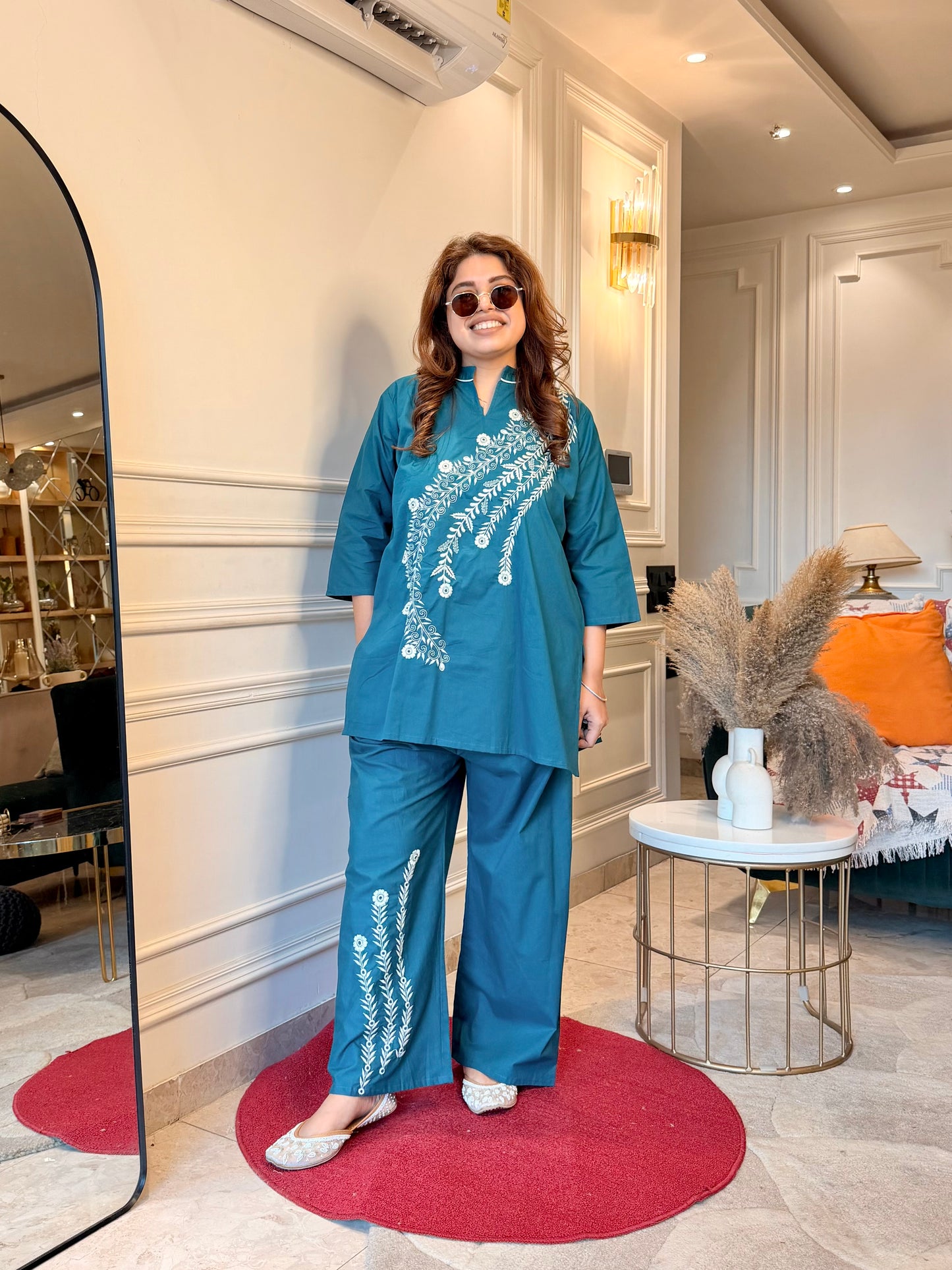 Premium Plus size Cordset with Embroidery |Teal Blue