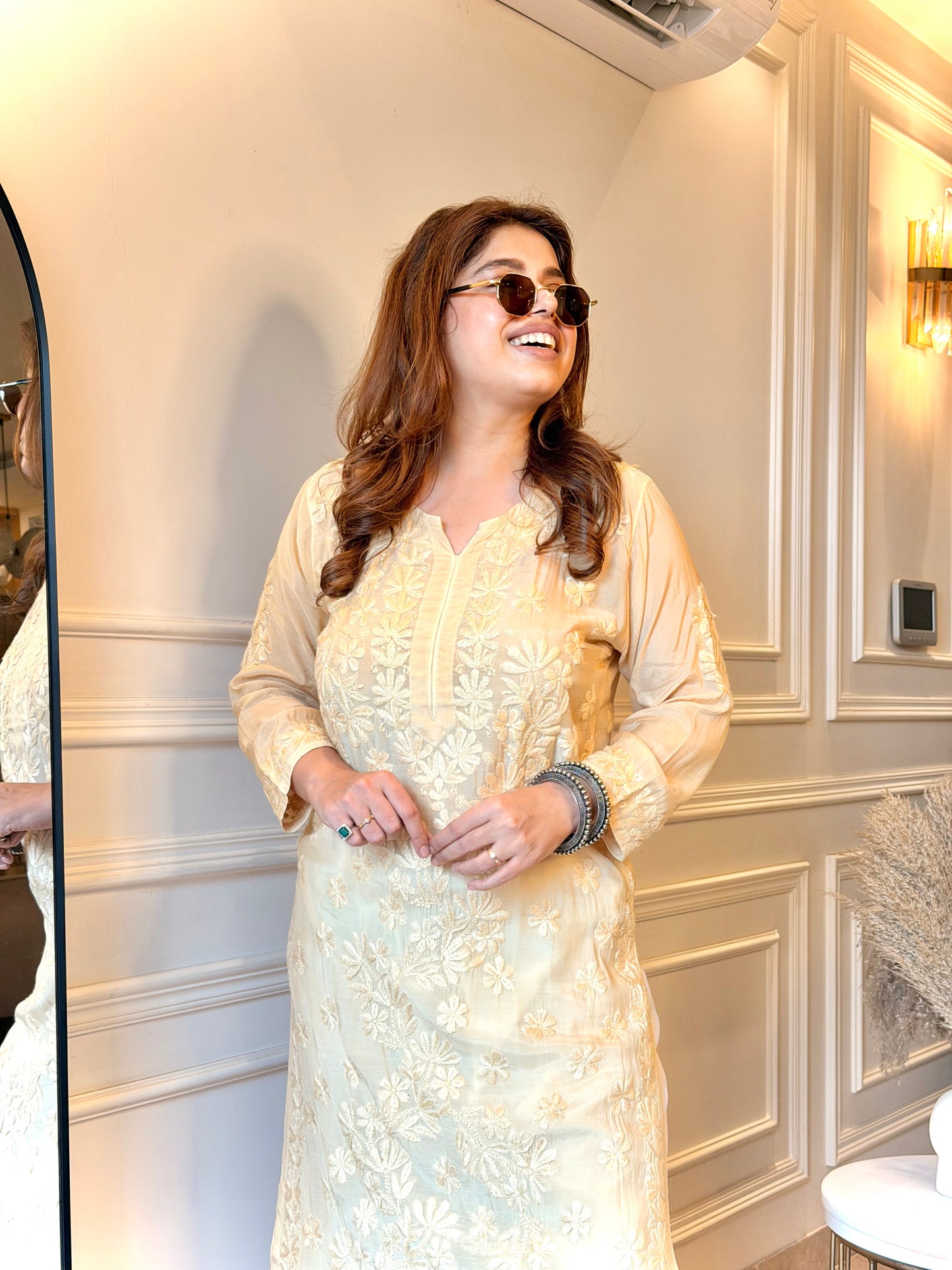 Hand embroidered Chikankari Kurta set | Mul Chanderi | Ivory colour
