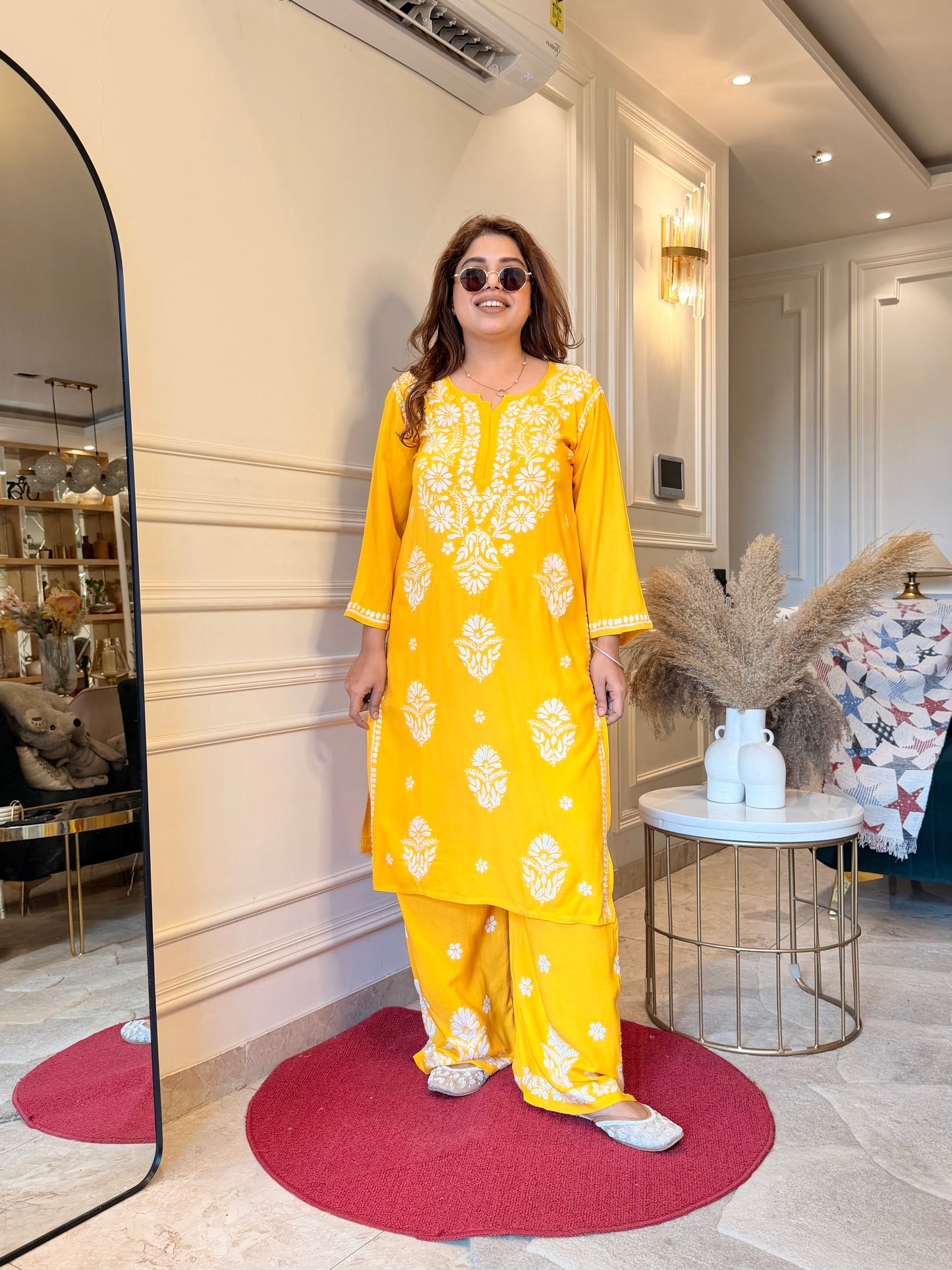 Hand Embroidered Chikankari Kurta set | Modal | Yellow