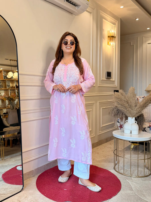 Hand Embroidered Chikankari Kurta | Modal | Pink