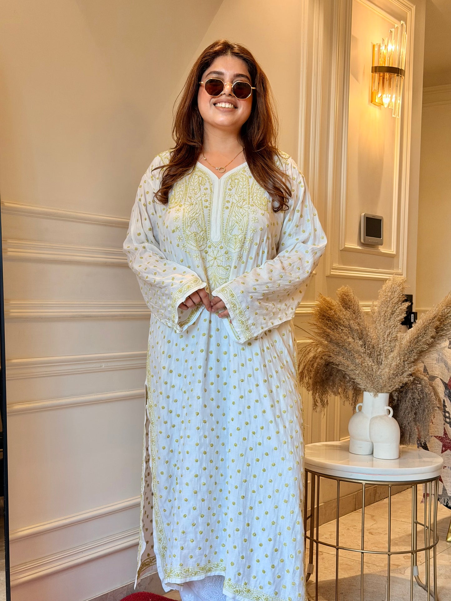 Hand Embroidered Chikankari Kurta  | Mul Chanderi | white with Olive Green| Plus Size