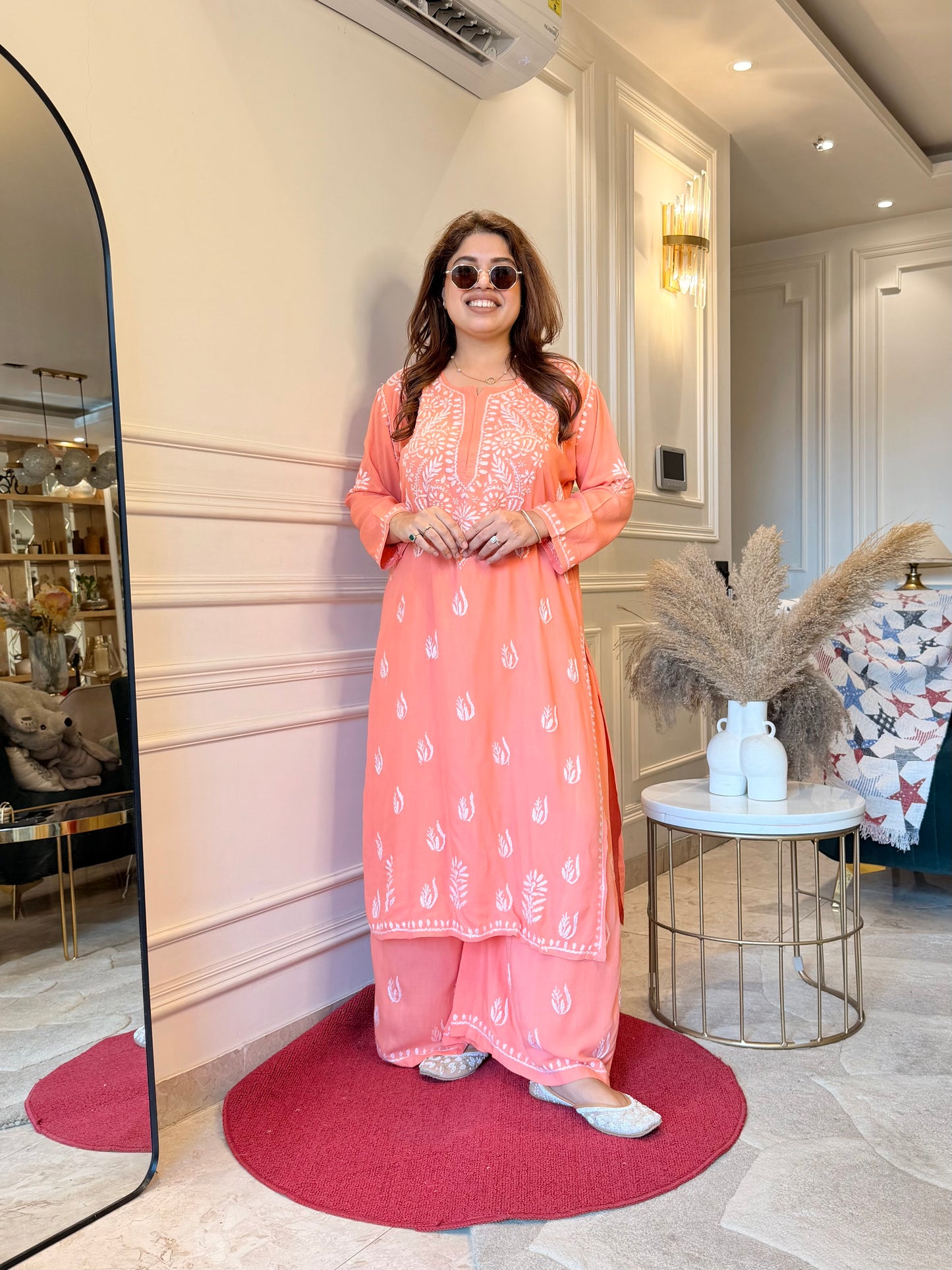 Hand Embroidered Chikankari Kurta set | Modal | Peach