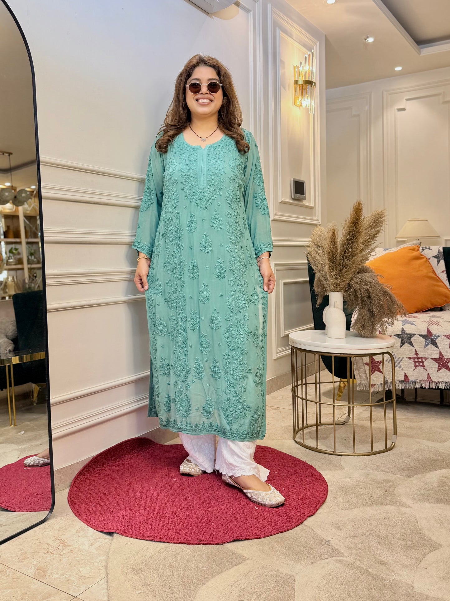 Hand Embroidered 6D Chikankari Kurta  | Premium Viscose | Teal