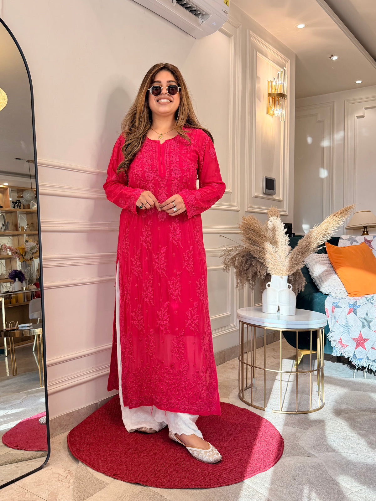 Hand Embroidered 3DChikankari Kurta  | Viscose | Hot Pink