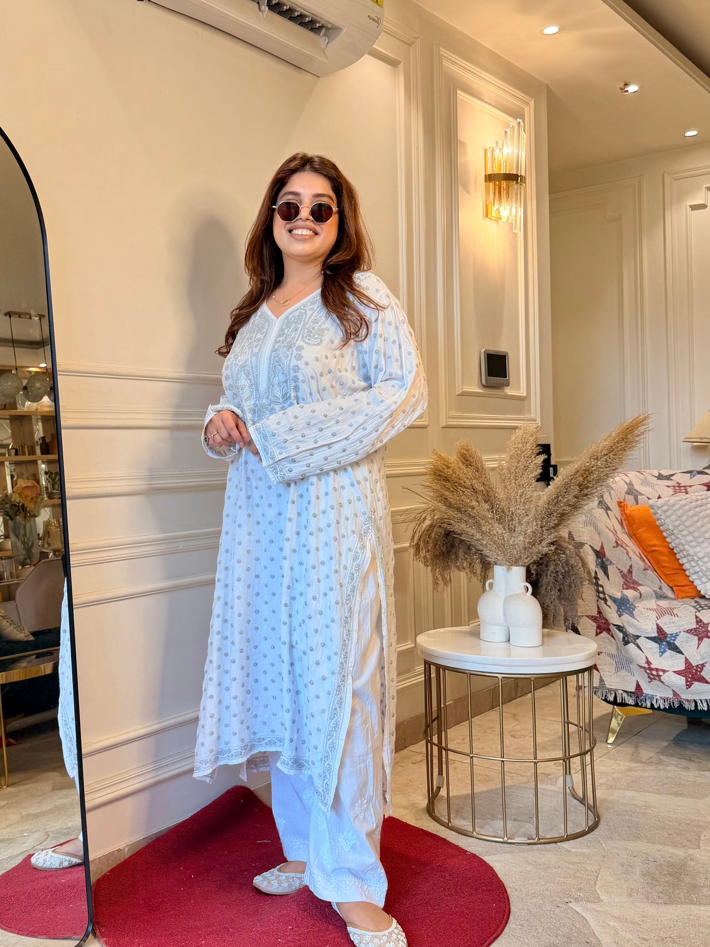 Hand Embroidered Chikankari Kurta  | Mul Chanderi | white with Grey | Plus Size