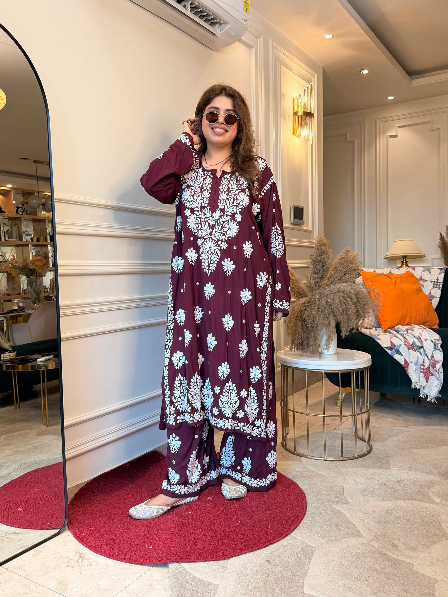 Hand Embroidered Chikankari Kurta set | Premium Modal  | wine