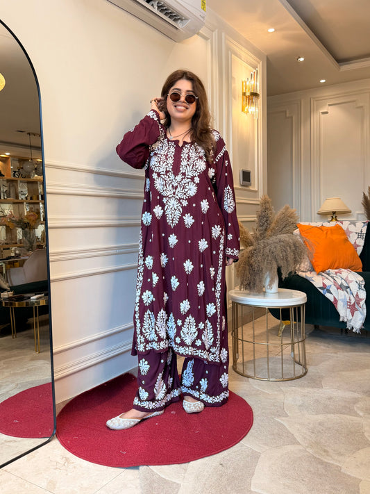 Hand Embroidered Chikankari Kurta set | Premium Modal  | wine