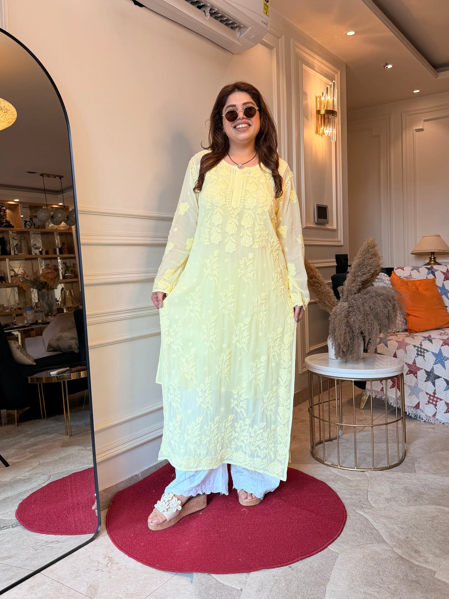 Hand Embroidered 3DChikankari Kurta  | Viscose | Butter Yellow