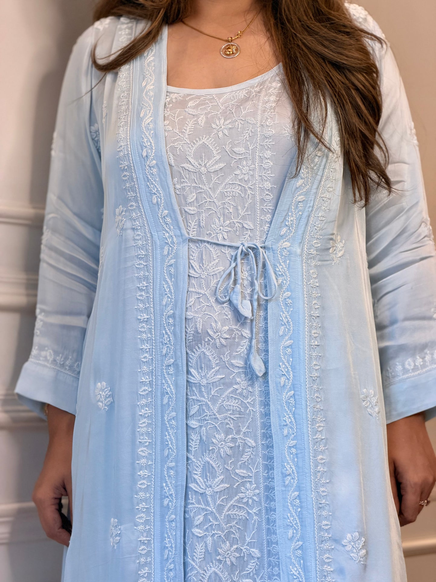 Premium 3 Piece Hand Embroidered Chikankari Kurta set | Modal satin | Powder Blue