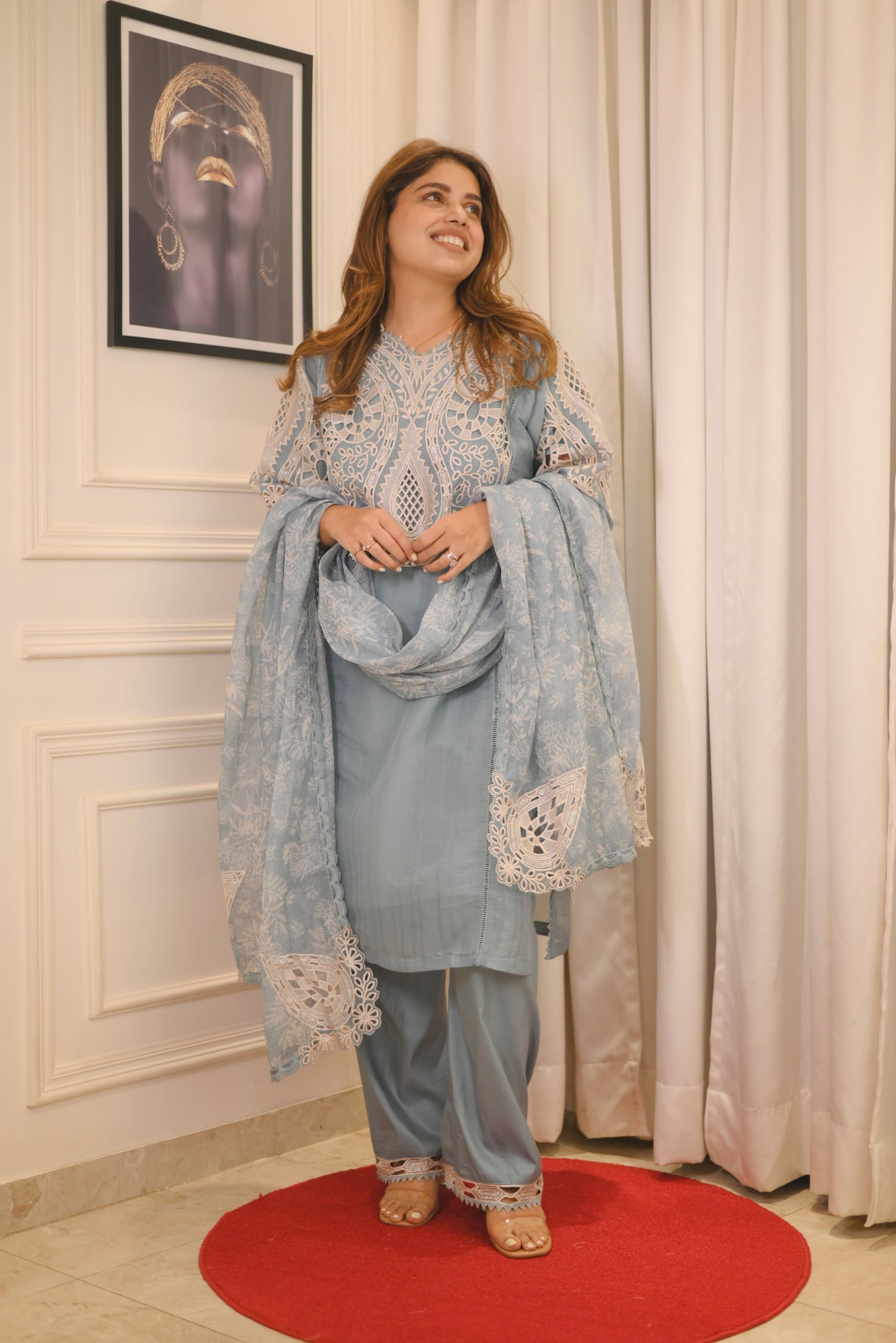 Exclusive Serene Blue Charm – Embroidered 3-Piece Suit Elegance  | Sizes M to XXL