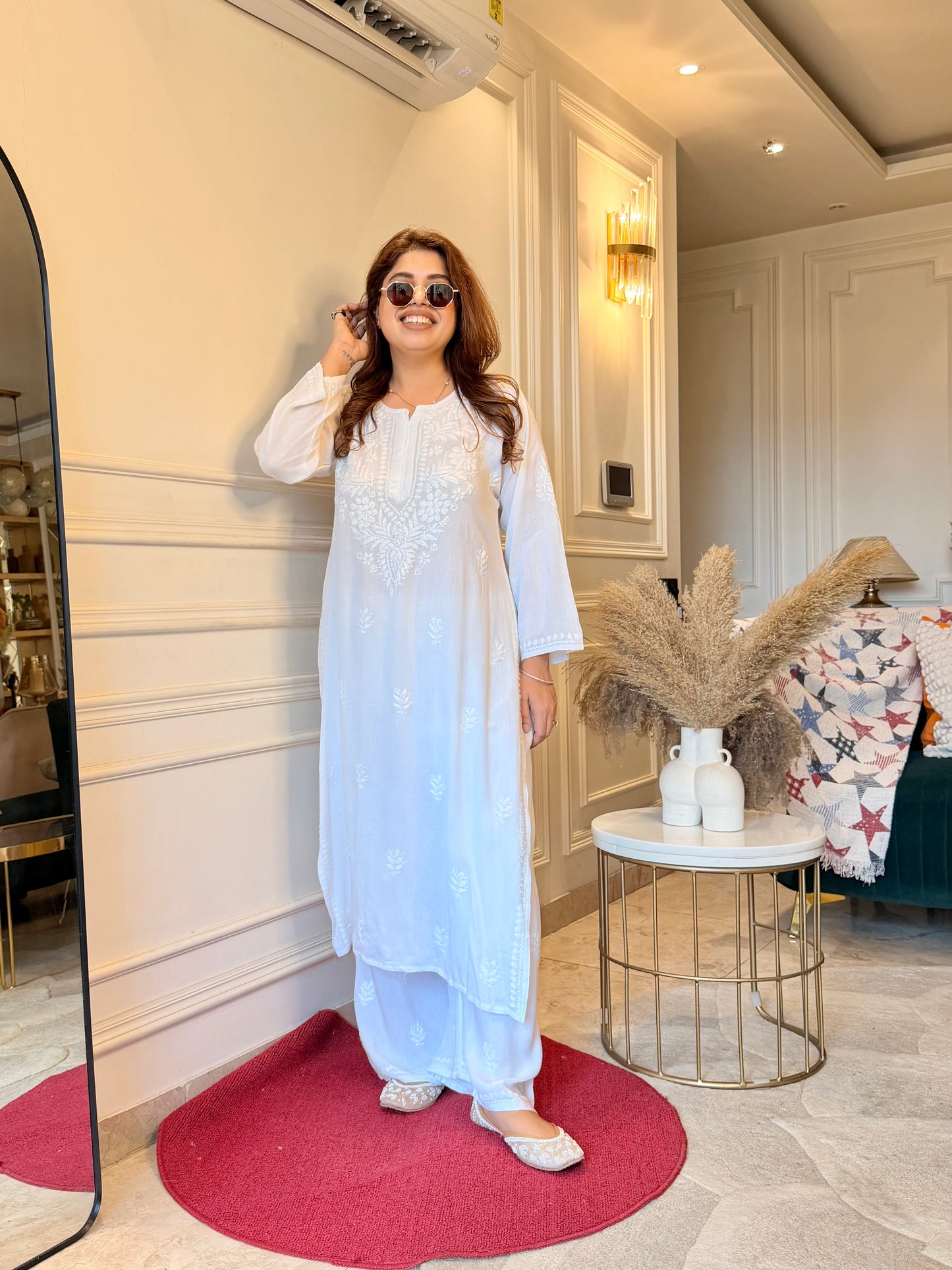 Hand Embroidered Chikankari Kurta set | Modal | white with Shimmer Detailing