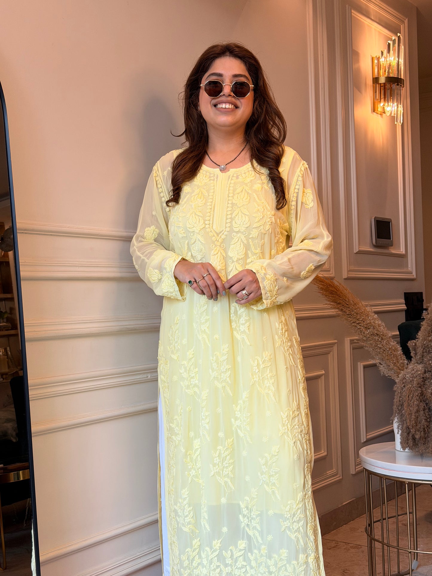 Hand Embroidered 3DChikankari Kurta  | Viscose | Butter Yellow