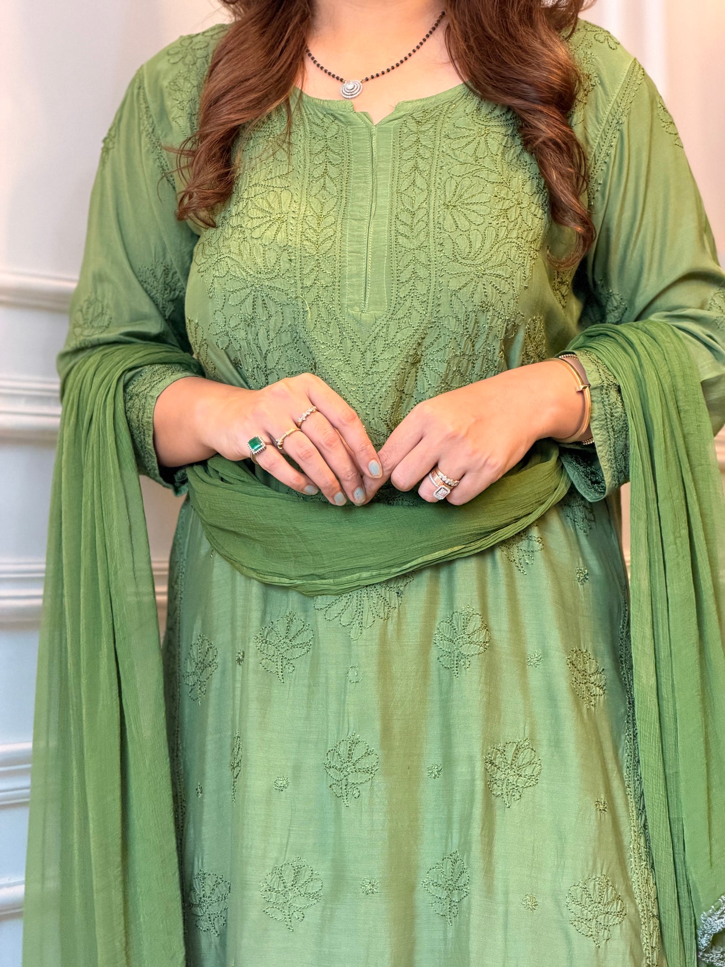 Hand Embroidered Chikankari 3 piece Kurta set | Mul Chanderi | Green