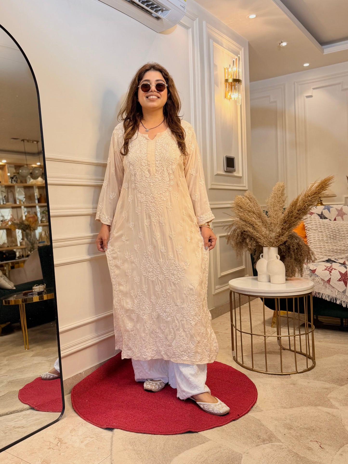 Hand Embroidered 3DChikankari Kurta  | Mul Chanderi | Ivory