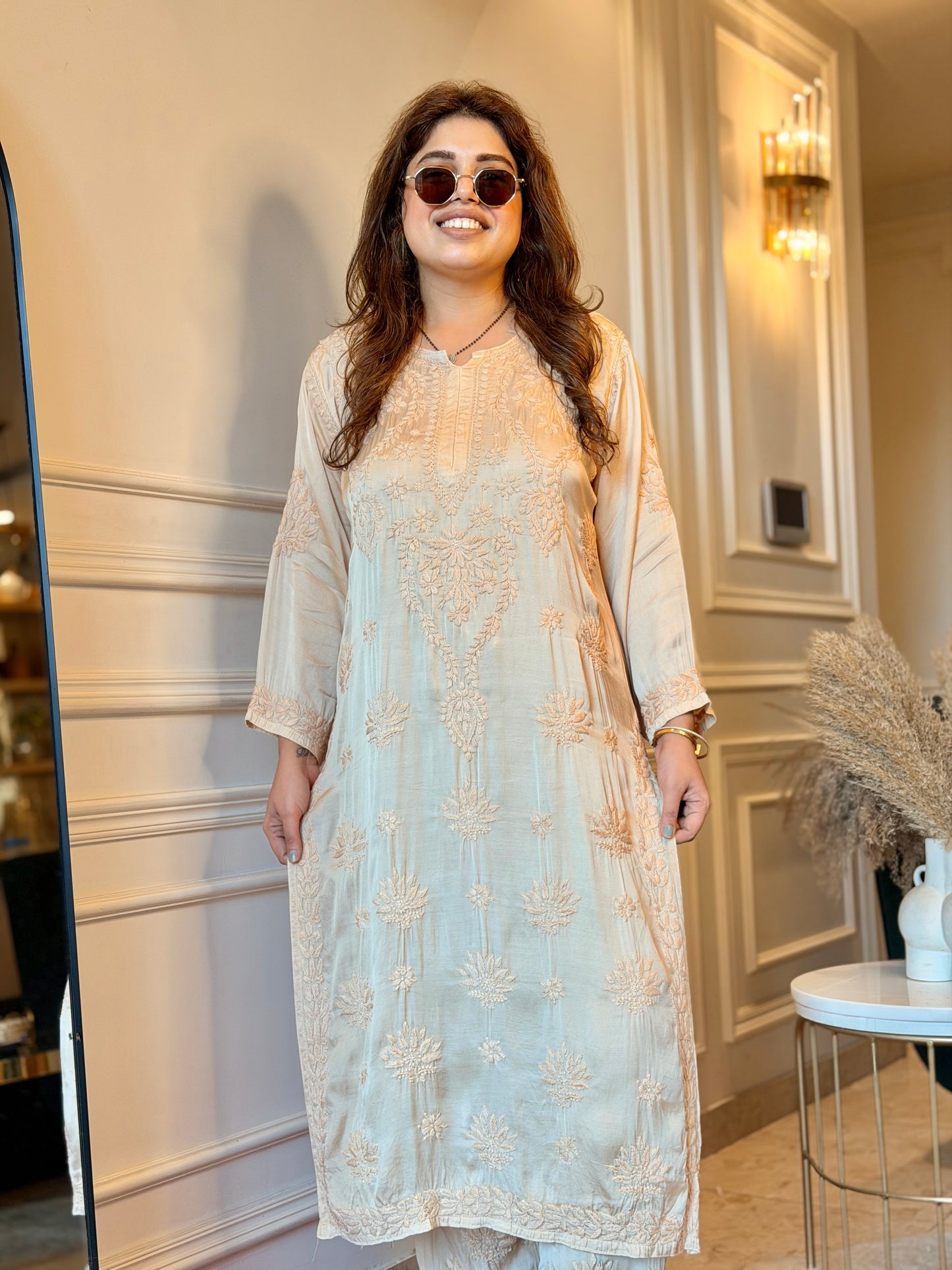 Hand Embroidered Chikankari Kurta set | Modal Satin Silk | Ivory