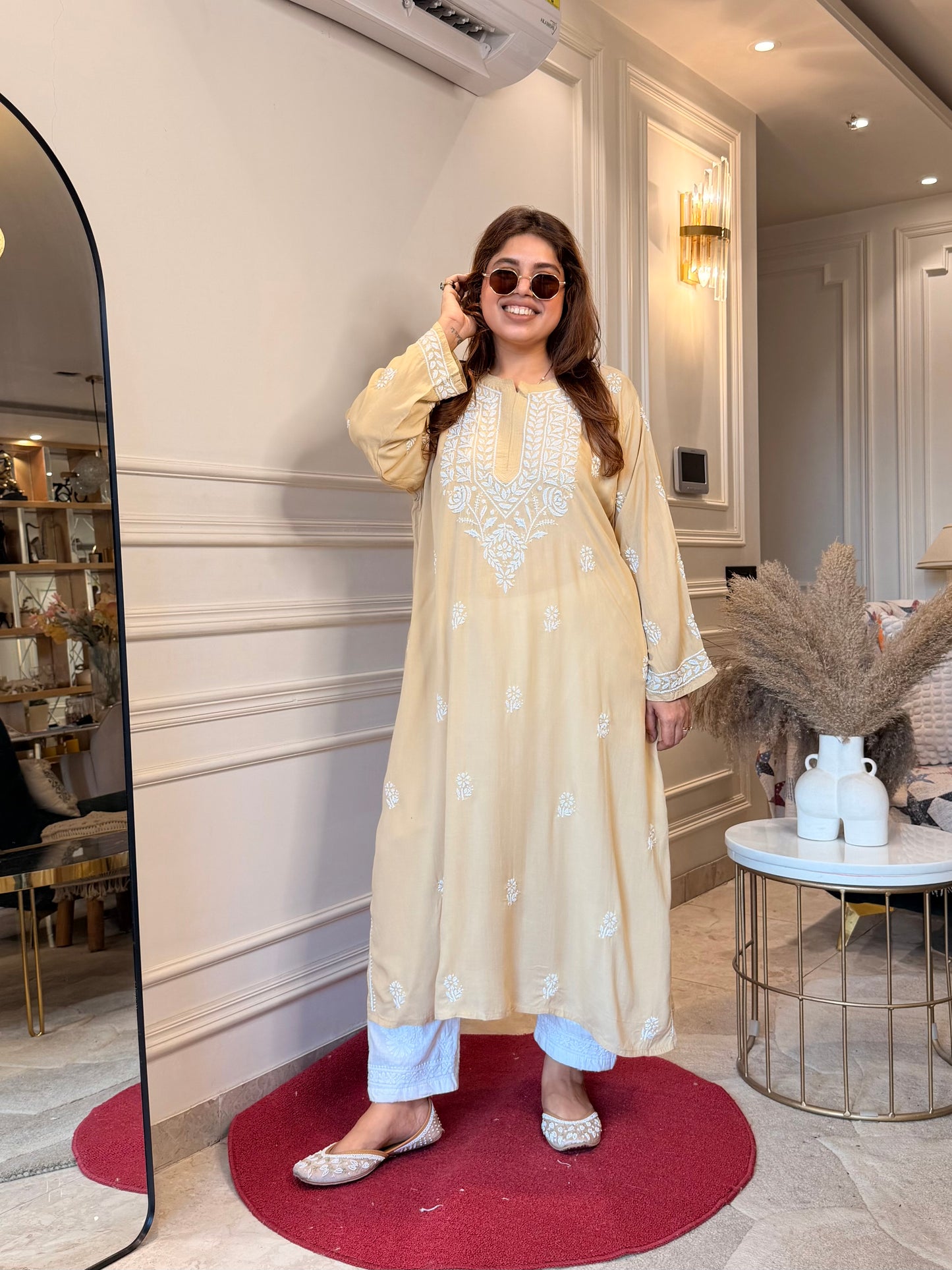 Hand Embroidered Chikankari Kurta | Modal | Sand Beige