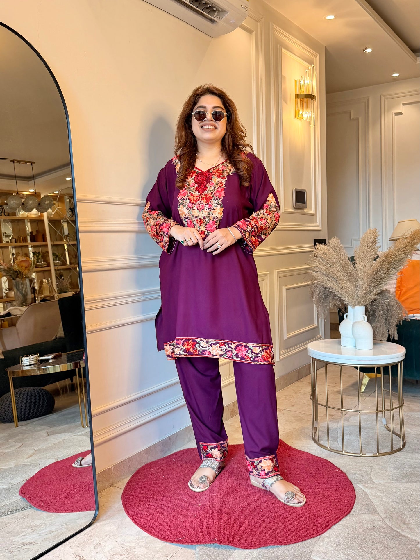 Cotton Kashmiri Emberoried Cordset-Wine