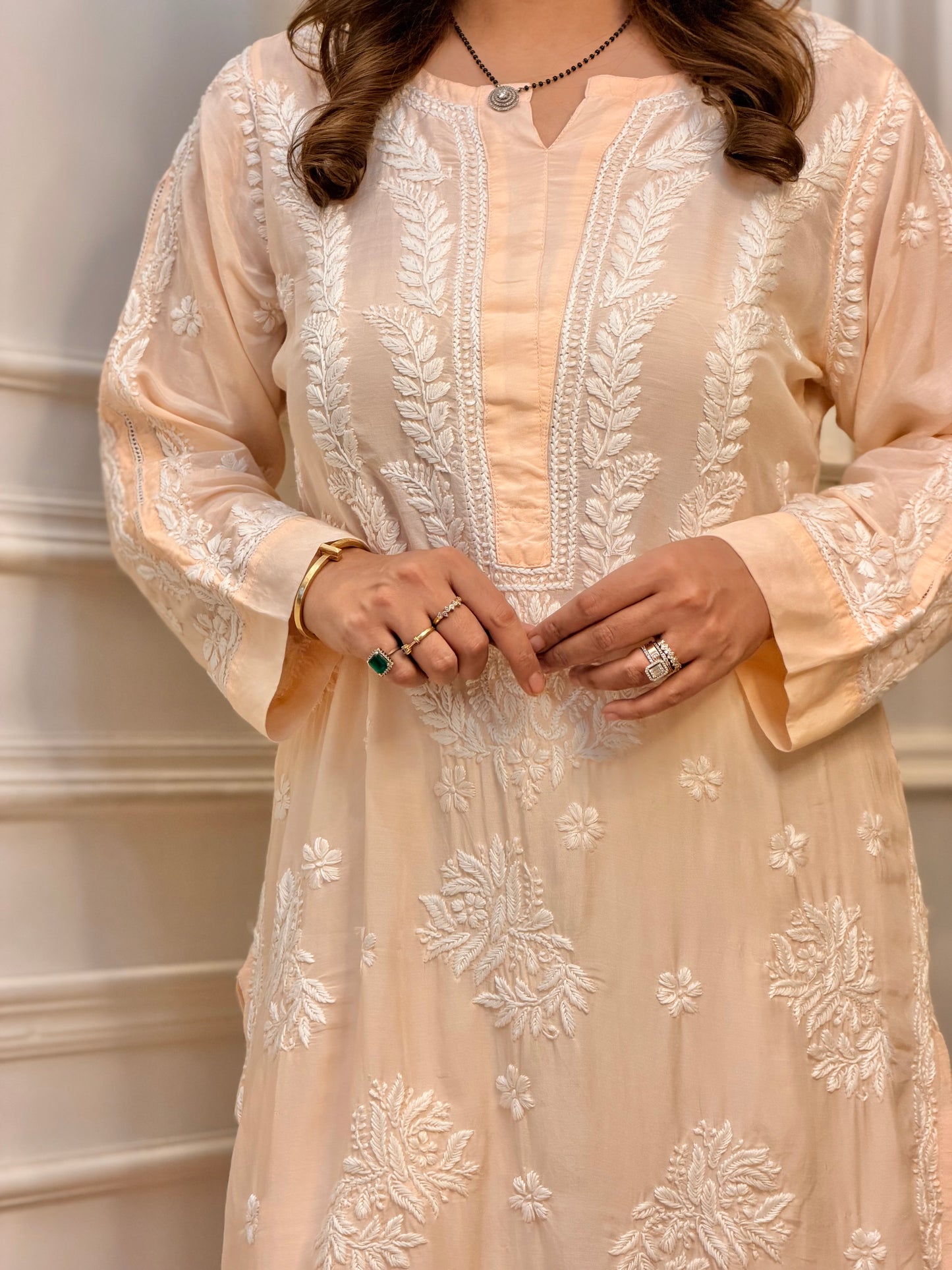 Hand Embroidered Chikankari Kurta Set | Premium Mul Chanderi | Light Peach