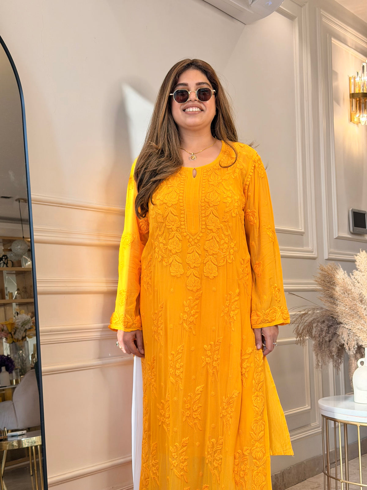 Hand Embroidered 3DChikankari Kurta  | Viscose | Mustard