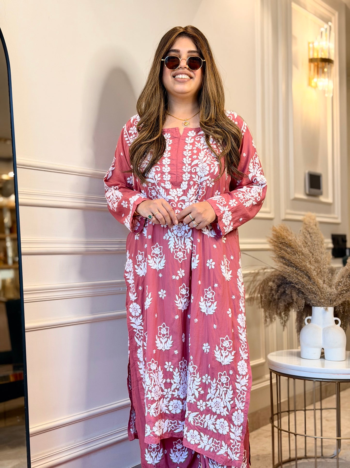Hand embroidered 3D Chikankari Kurta set | Premium Modal| Dusty Rose