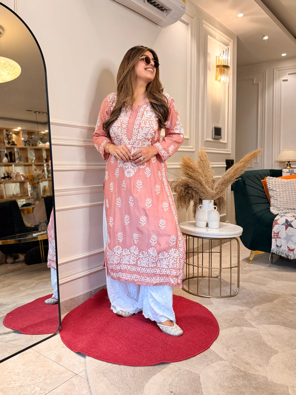 Hand Embroidered 3D Chikankari Kurta | Mul Chanderi | Dusty Pink