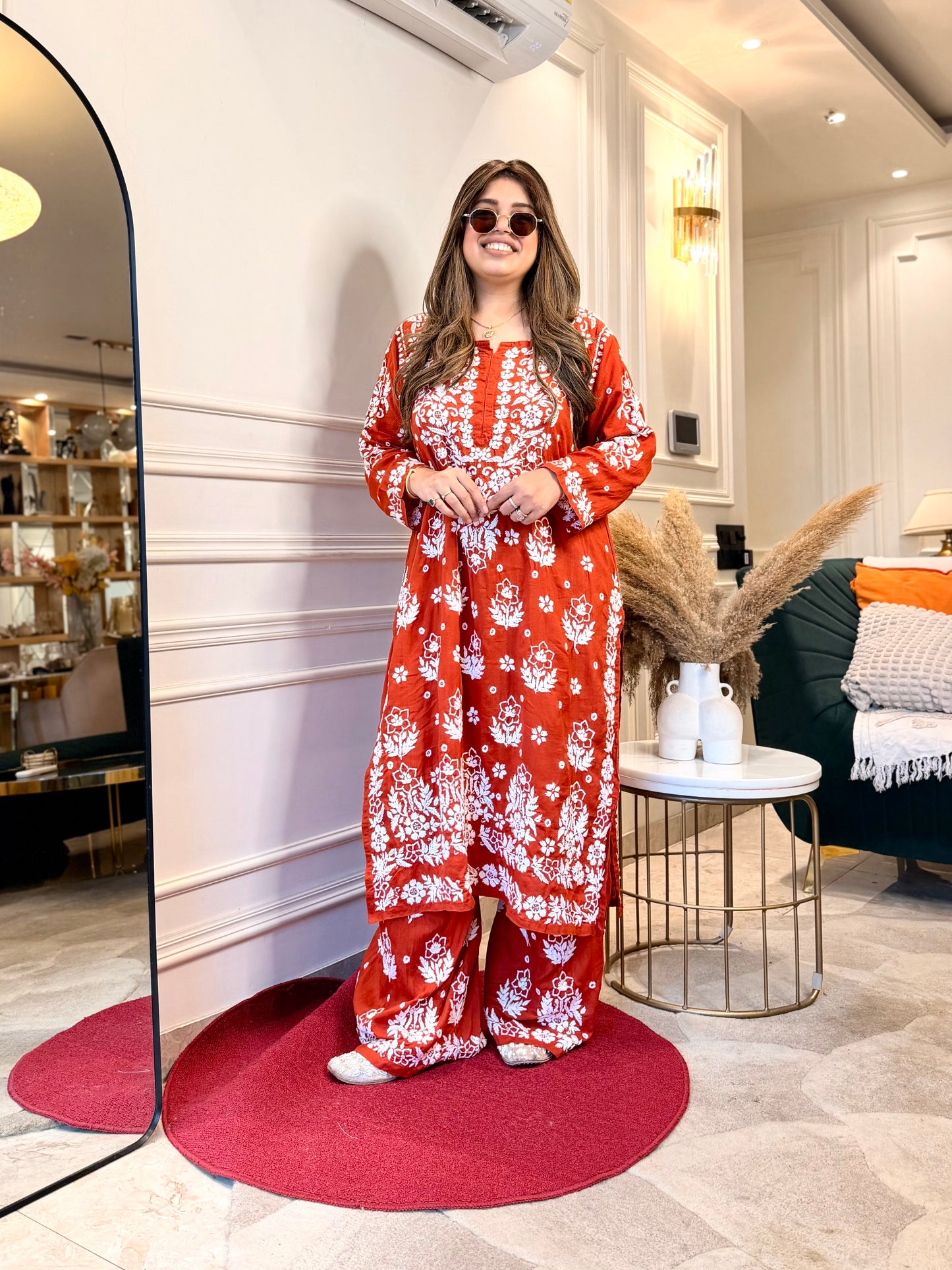 Hand embroidered 3D Chikankari Kurta set | Premium Modal| Rust Orange