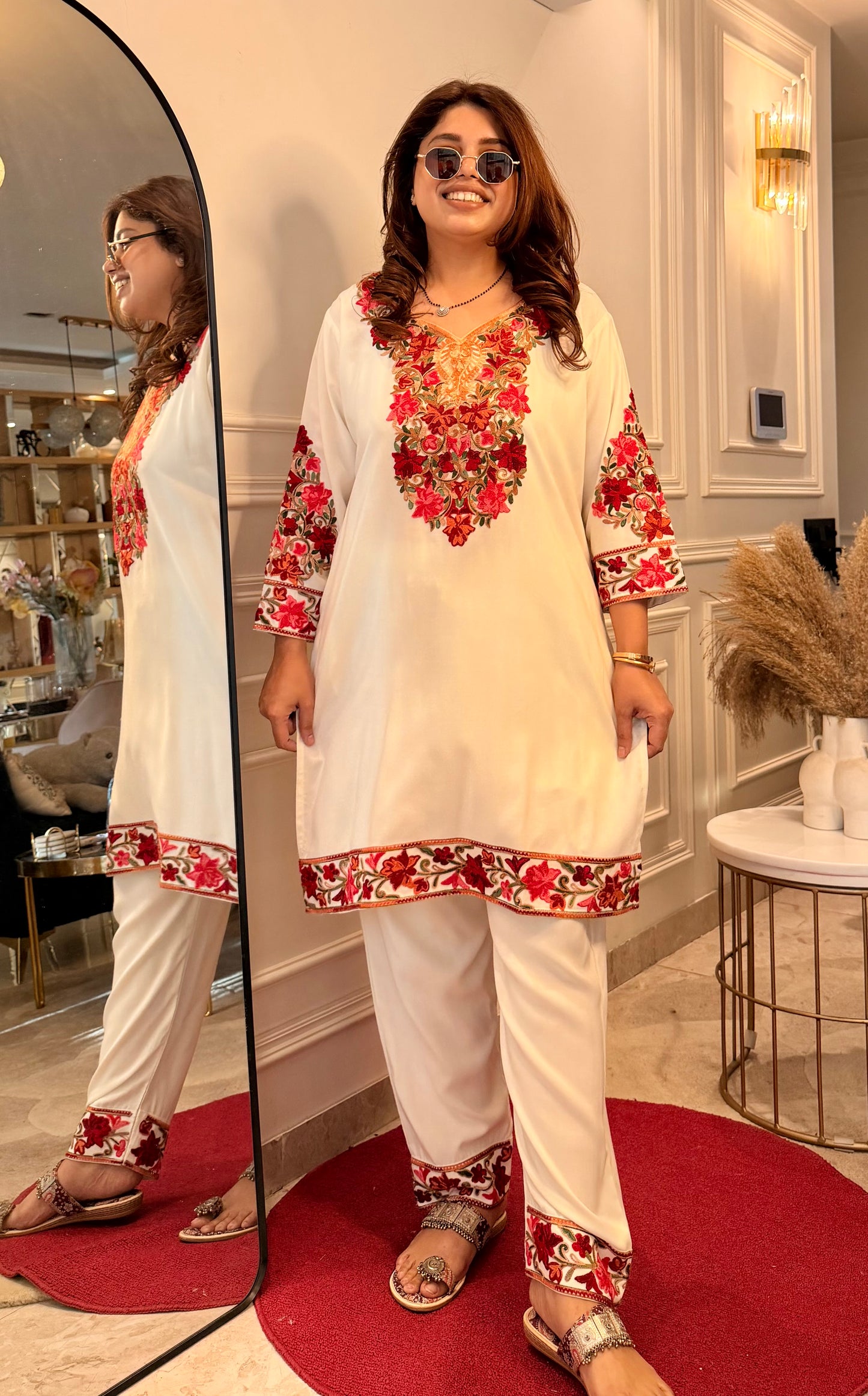 Cotton Kashmiri Emberoried Cordset- Cream Colour