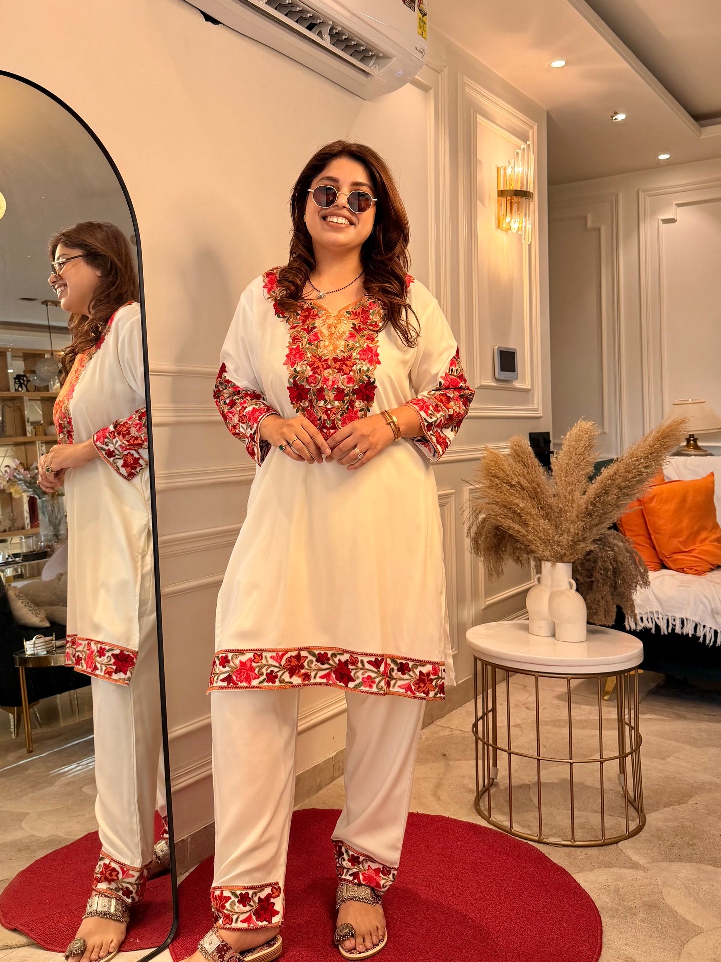 Cotton Kashmiri Emberoried Cordset- Cream Colour