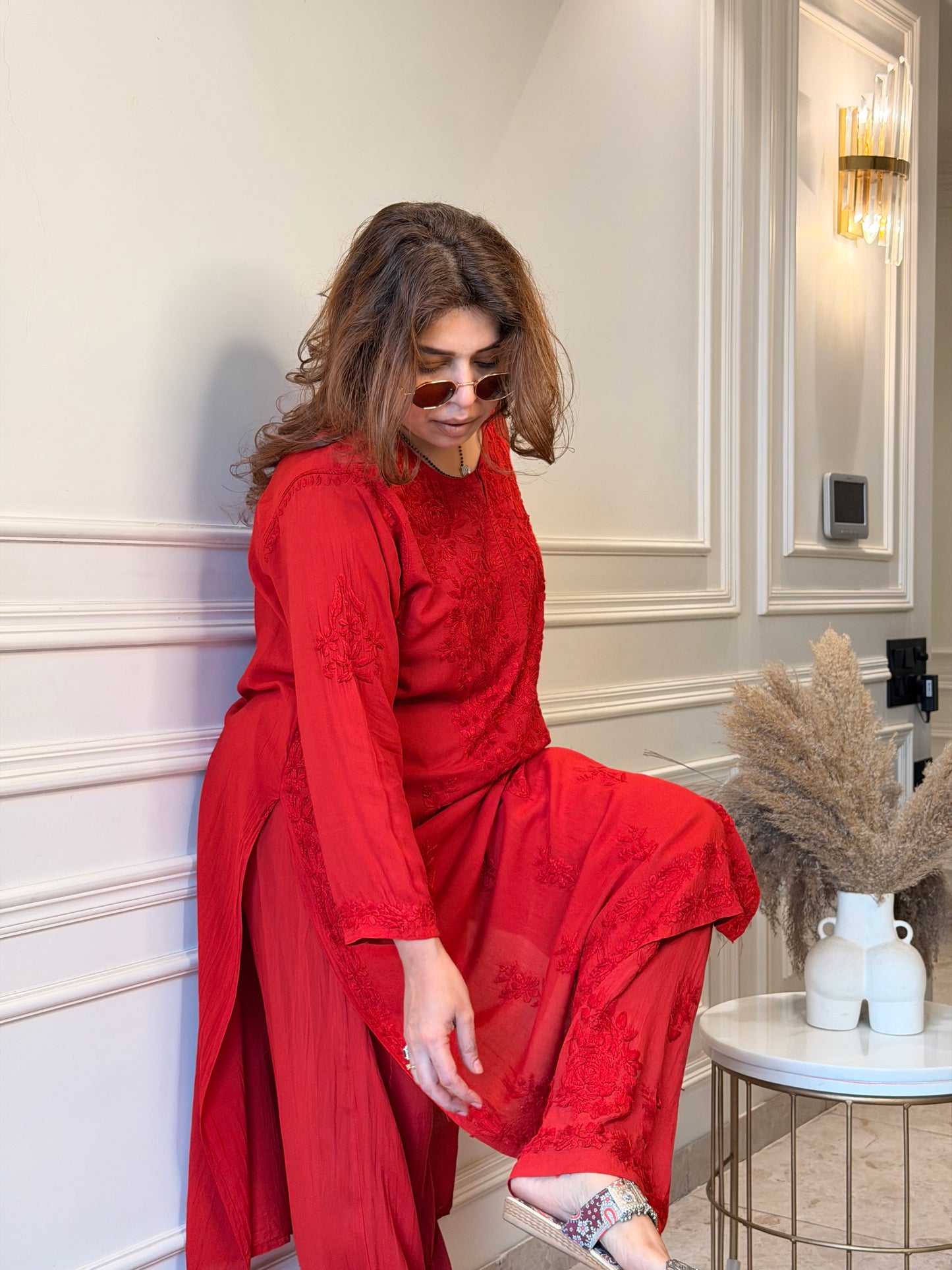 Hand Embroidered Chikankari Kurta Set - Red Colour
