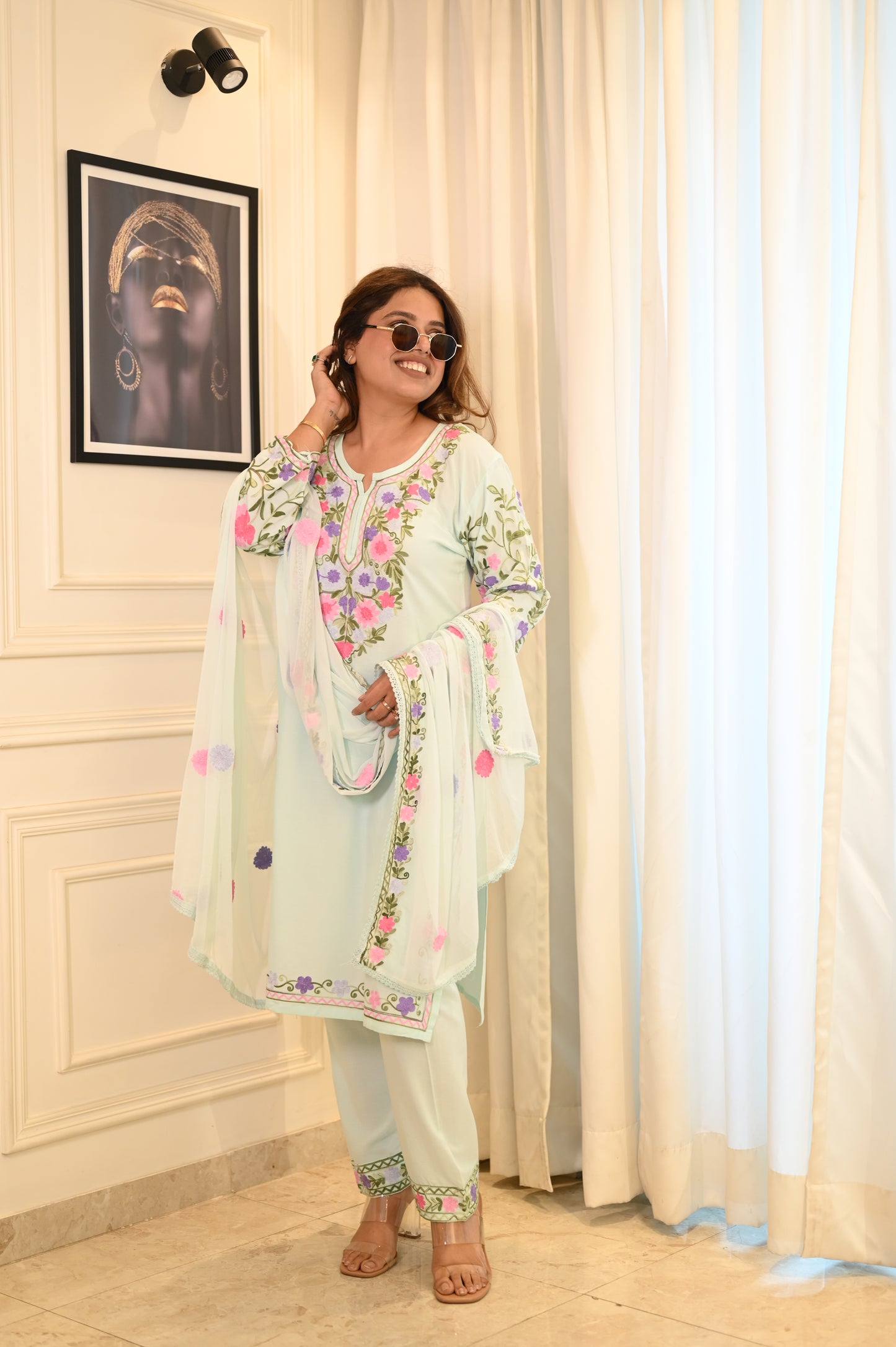 Elegant Frozi Blue Floral Embroidered Suit