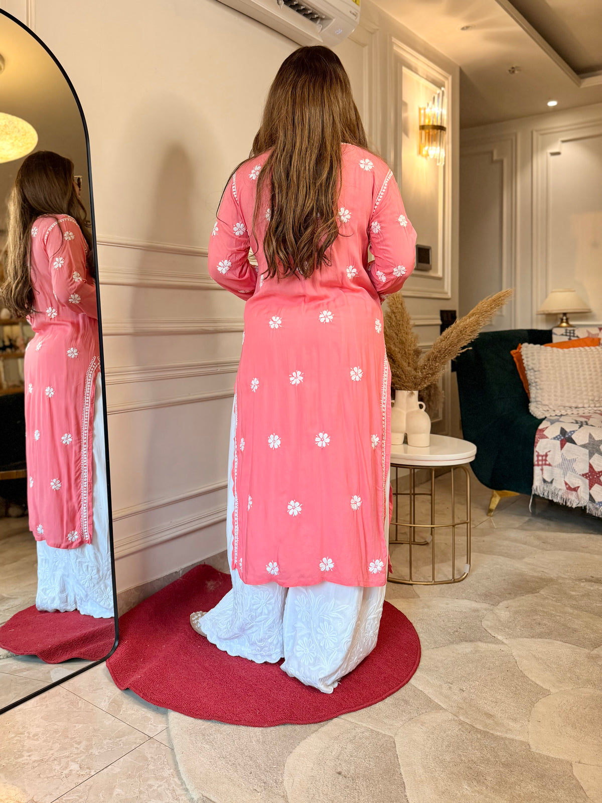 Hand Embroidered 3D Chikankari Kurta | Mul Chanderi | Coral Pink
