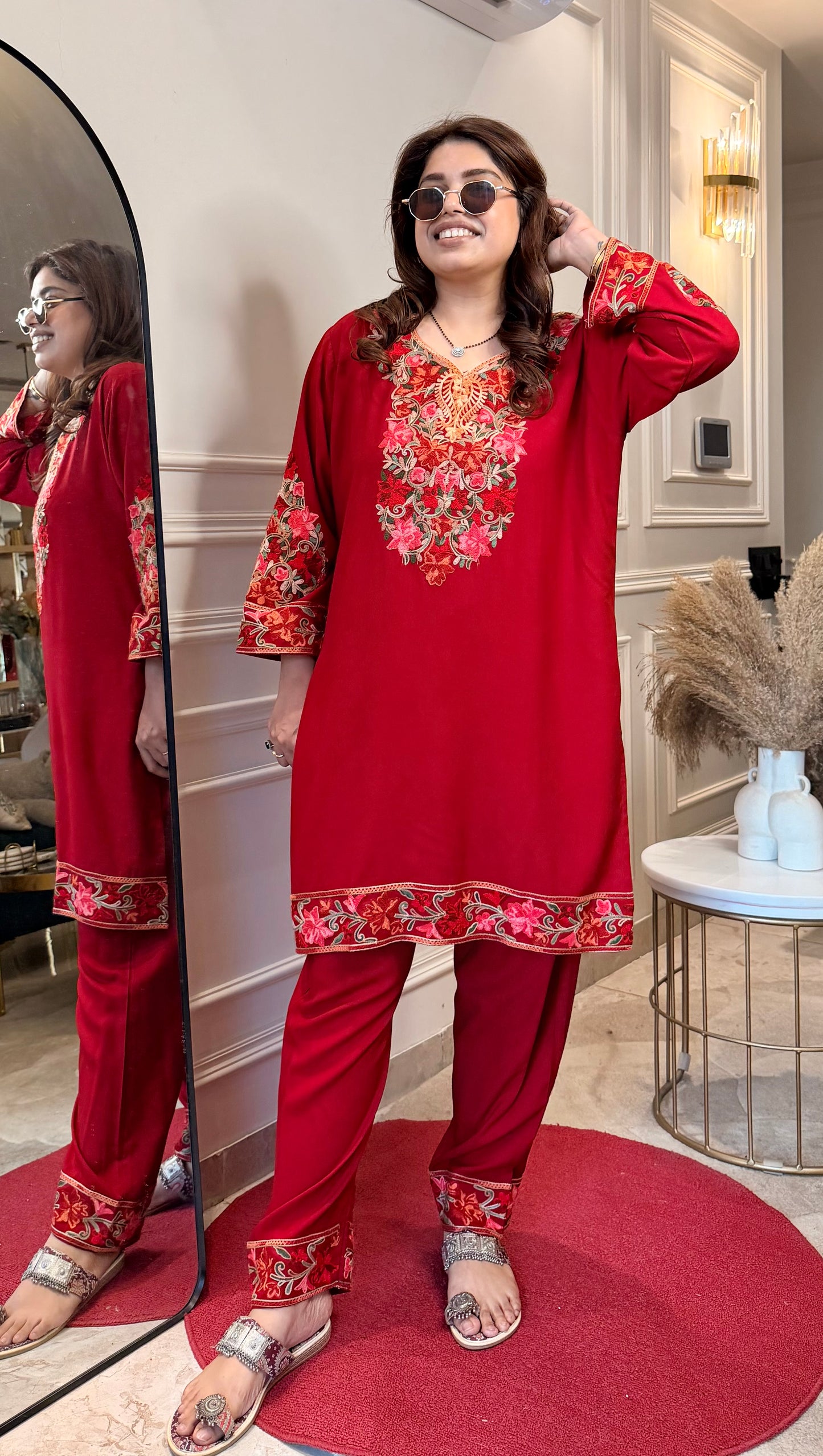 Cotton Kashmiri Emberoried Cordset- Red colour