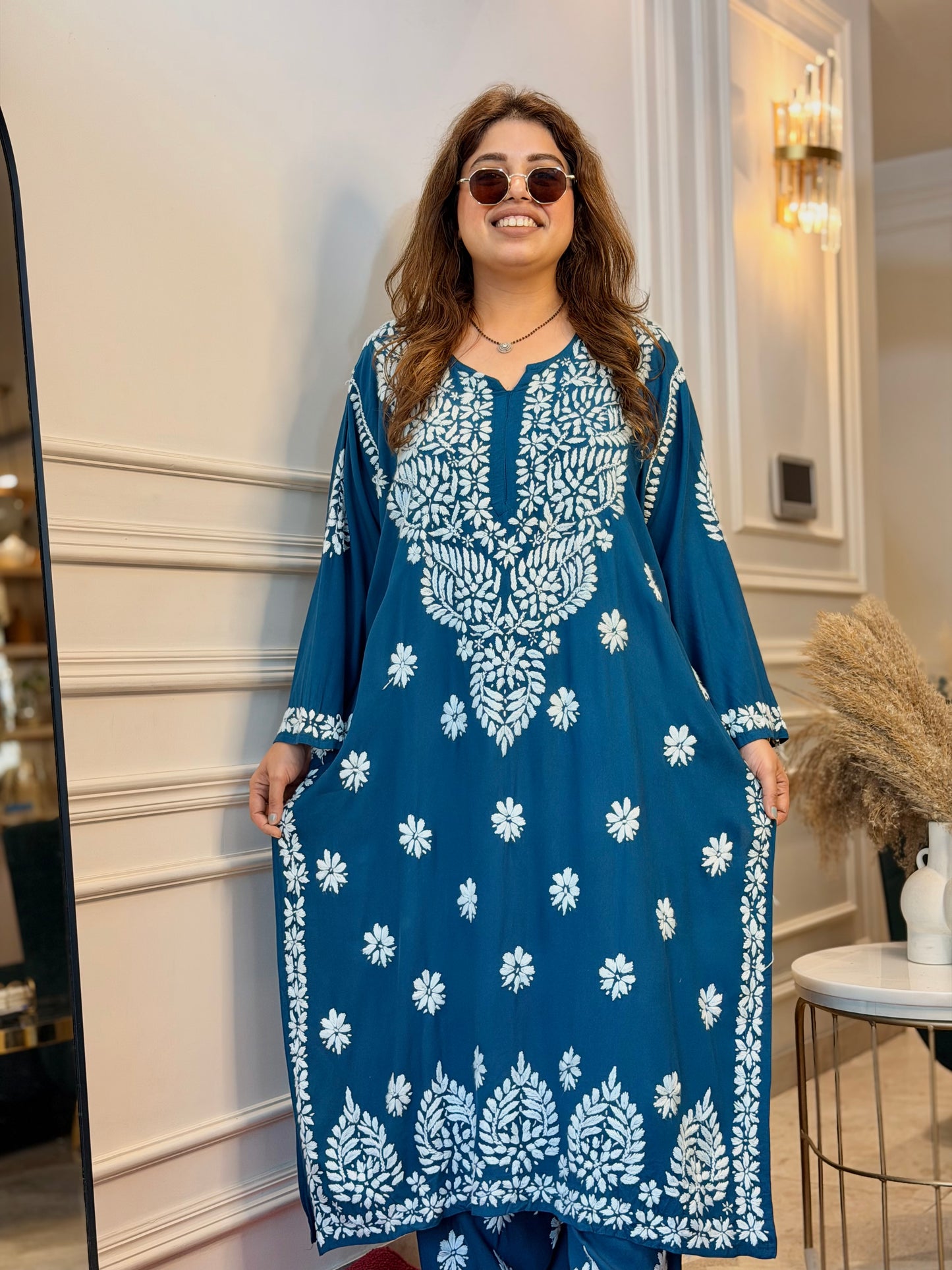 Hand Embroidered Chikankari Kurta set | Modal  | Blue