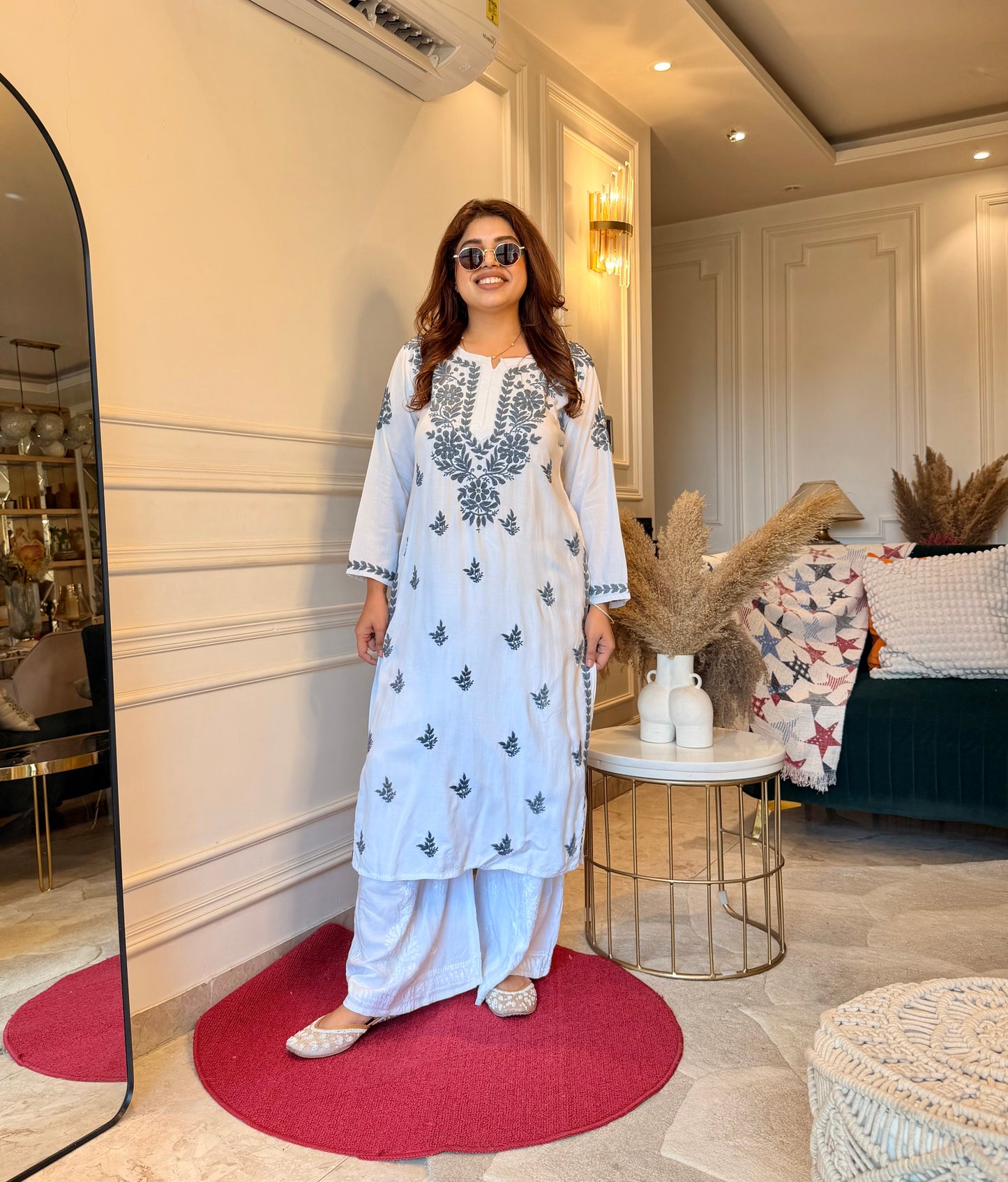 Chikankari Kurta Set | Mul Cotton | white with Grey Thread Embroidery