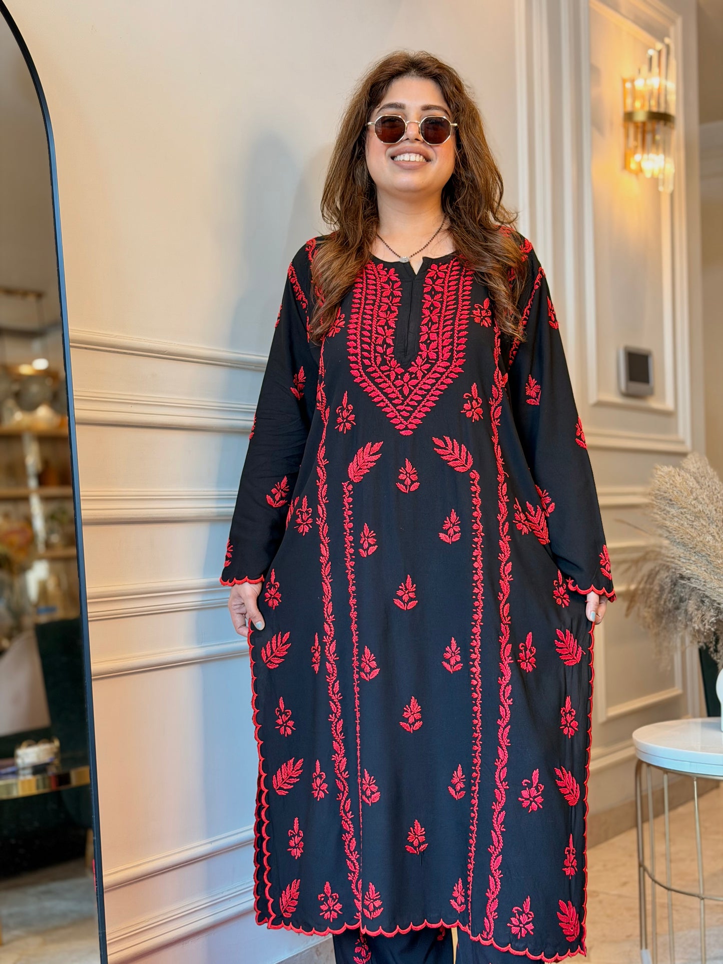 Hand Embroidered Chikankari Kurta set | Modal  | Black with Red