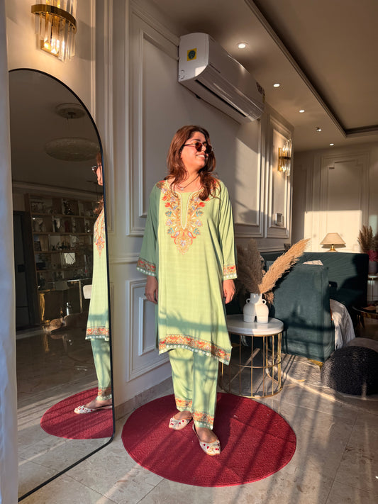 Cotton Kashmiri Emberoried Cordset- Mint Green