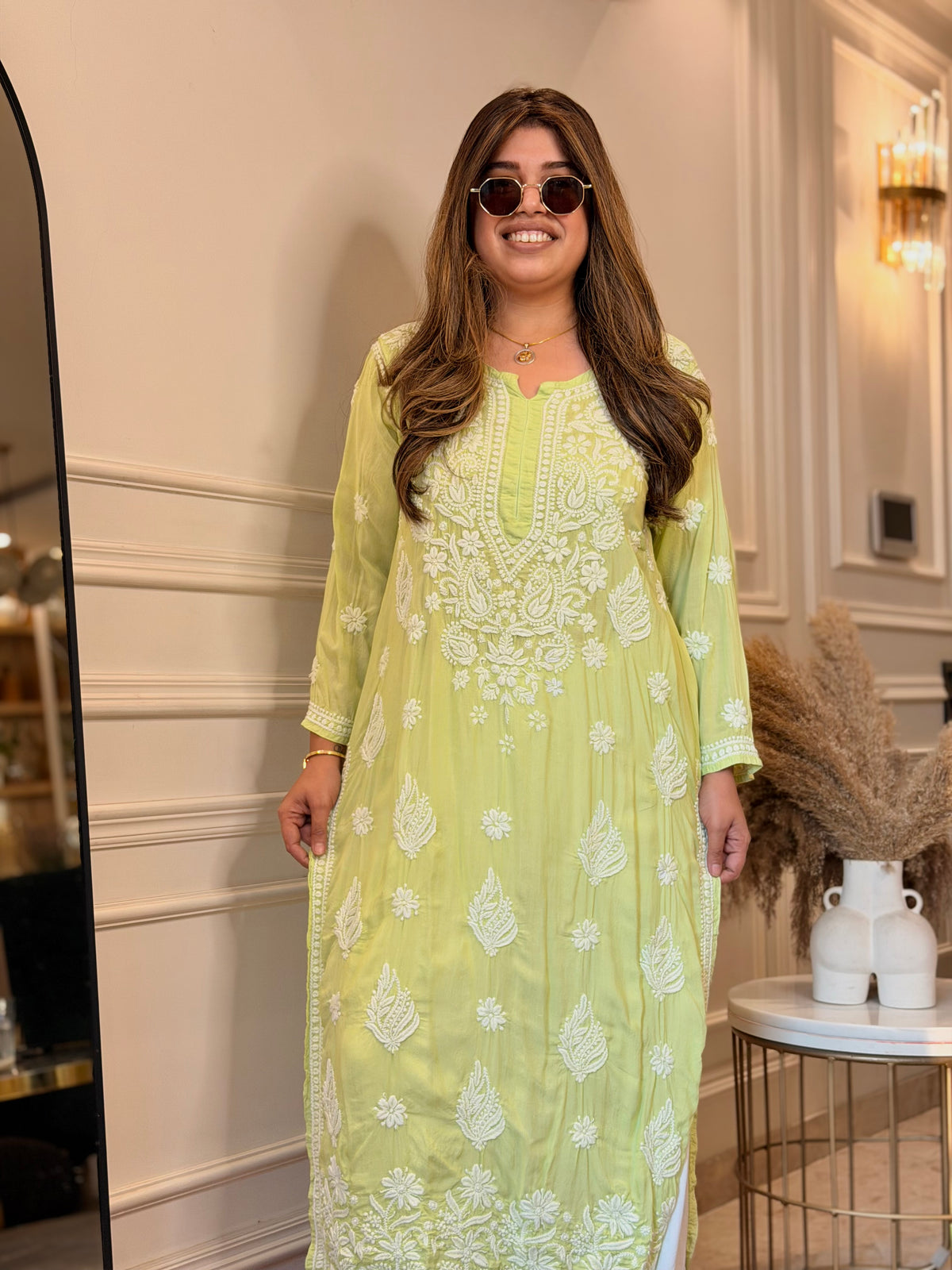 Hand Embroidered 3D Chikankari Kurta | Mul Chanderi | Light Green