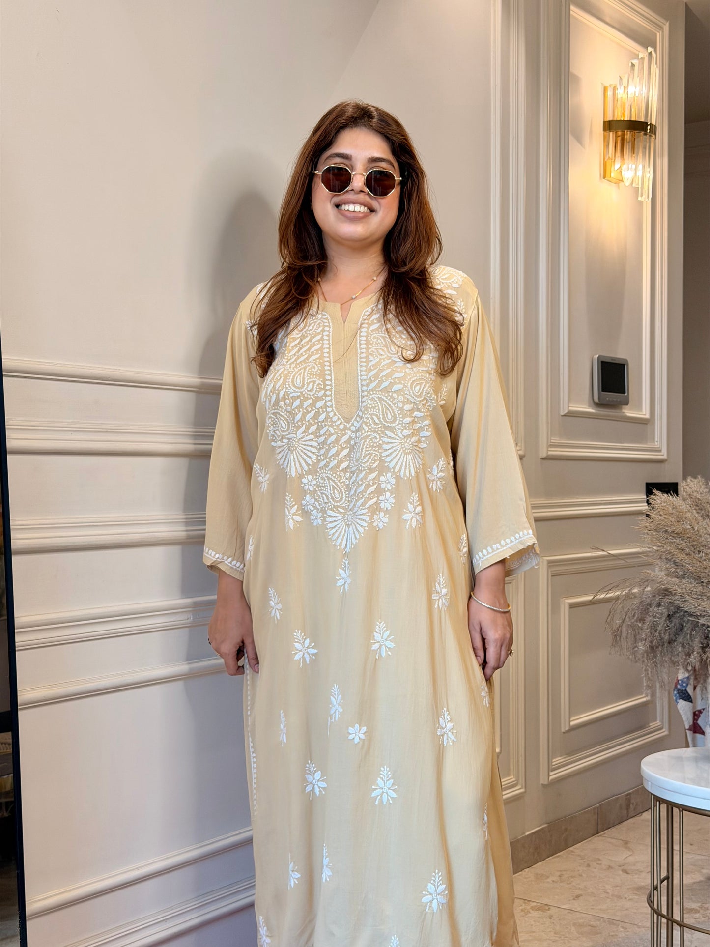 Hand Embroidered Chikankari Kurta | Modal | Sand Beige