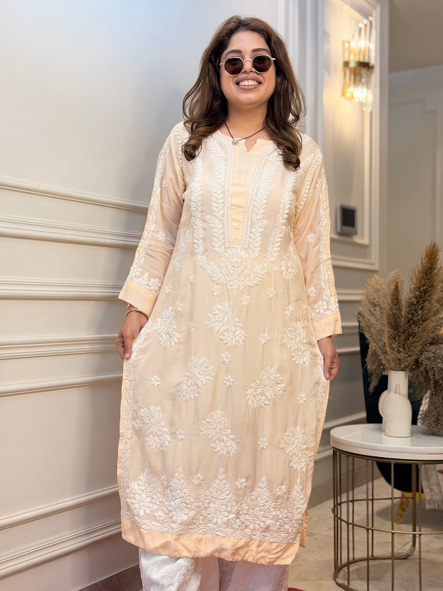Hand Embroidered Chikankari Kurta Set | Premium Mul Chanderi | Light Peach
