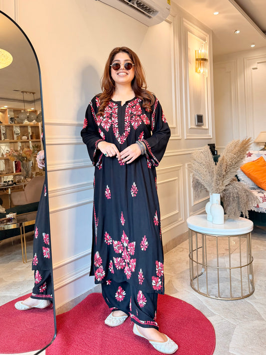 Hand Embroidered Chikankari Kurta Set - Black with Red
