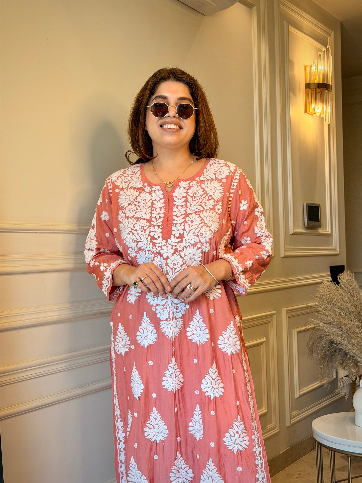 Chikankari Kurta  | Mul Chanderi | Coral Peach