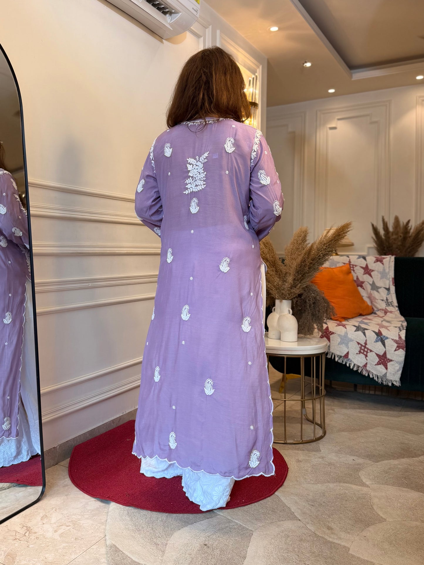 Hand embroidered 6D Chikankari Kurta | Mul Chanderi | Lavender