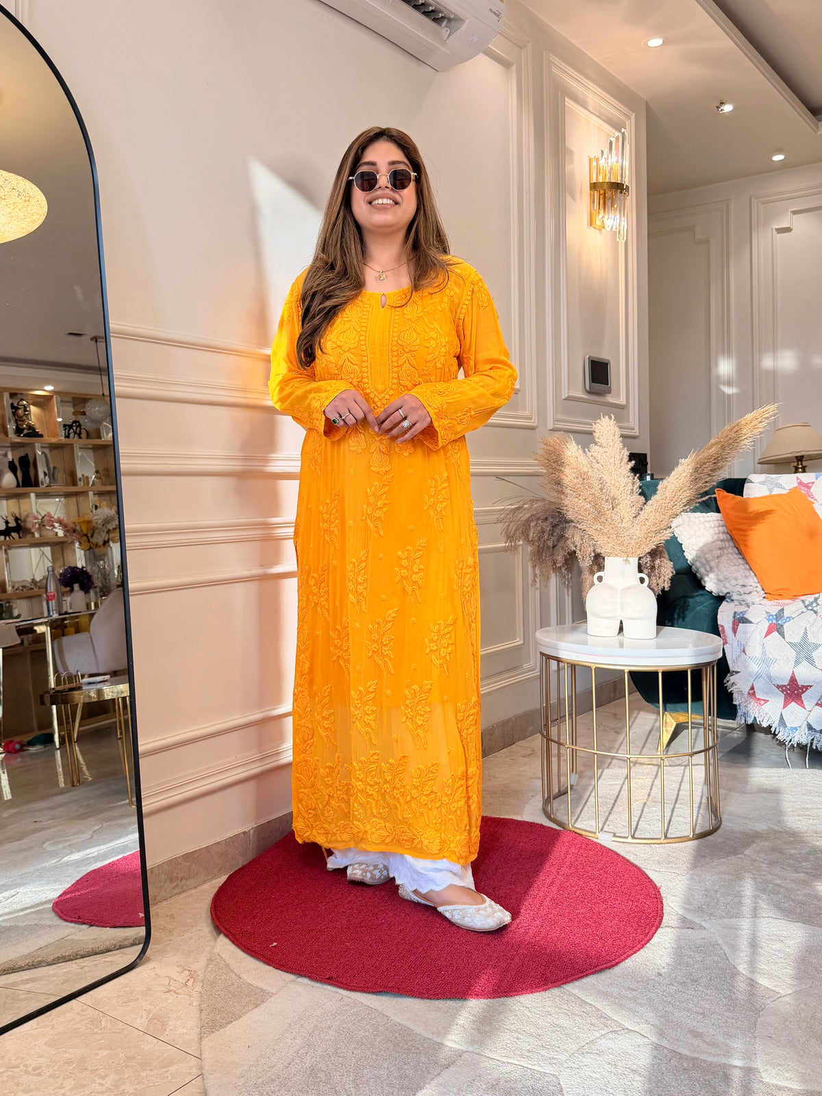 Hand Embroidered 3DChikankari Kurta  | Viscose | Mustard
