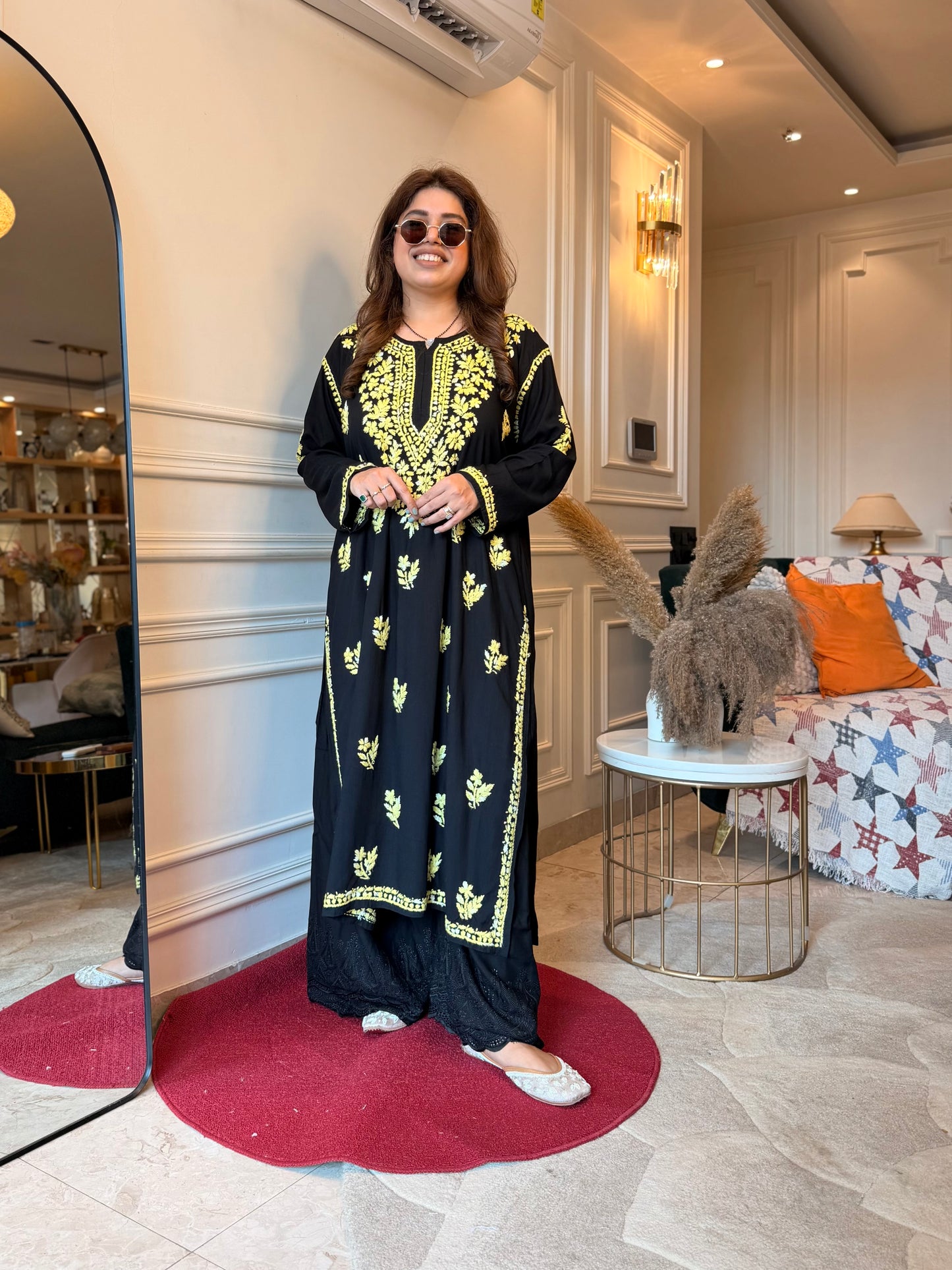 Hand Embroidered Chikankari Kurta  | Premium Cotton |Black with Mustard