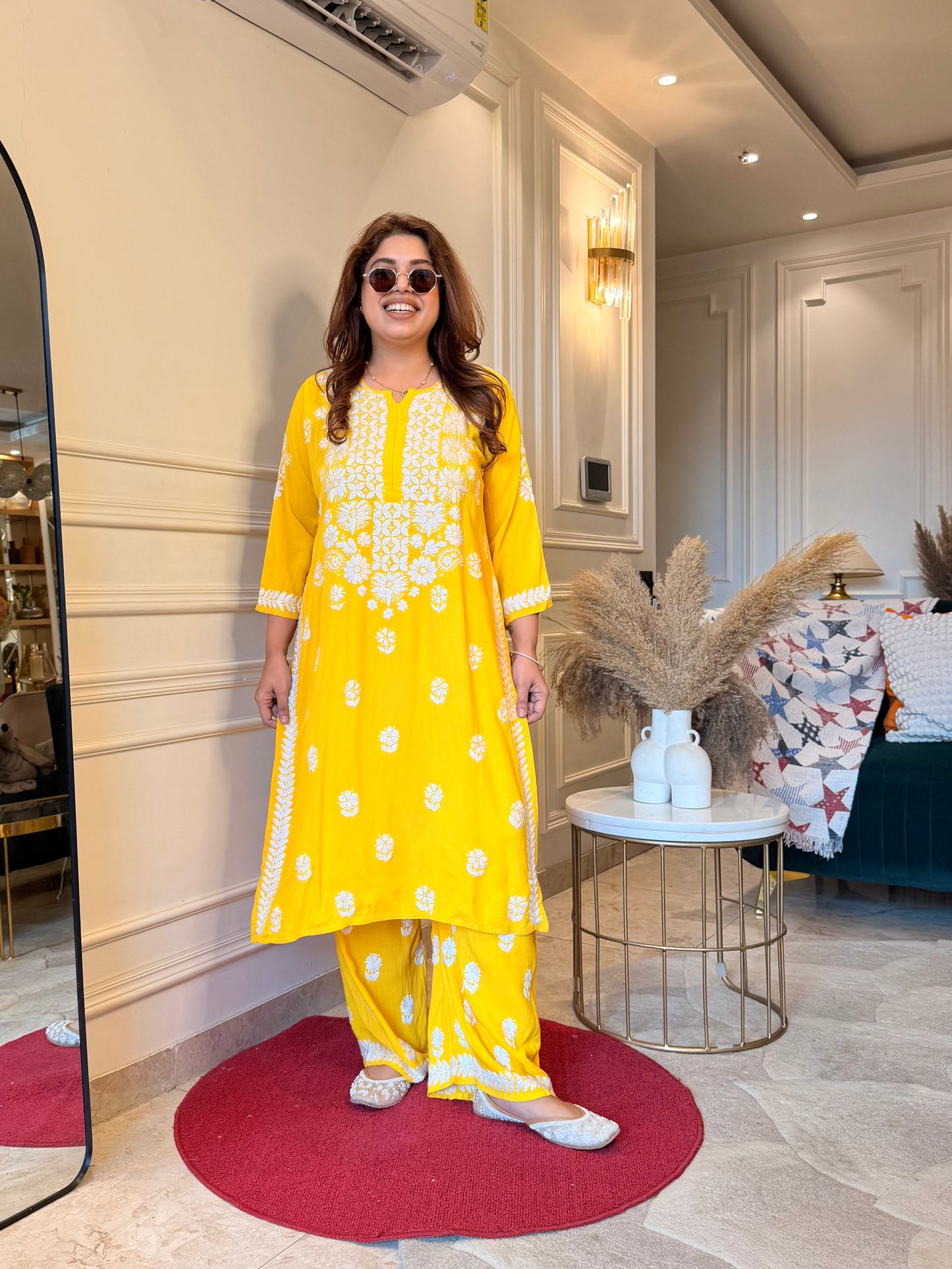 Hand Embroidered Chikankari Kurta set | Modal | Bright Yellow