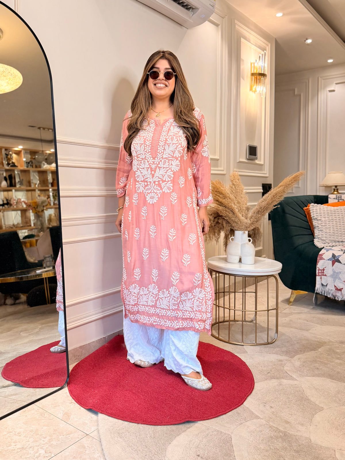 Hand Embroidered 3D Chikankari Kurta | Mul Chanderi | Dusty Pink